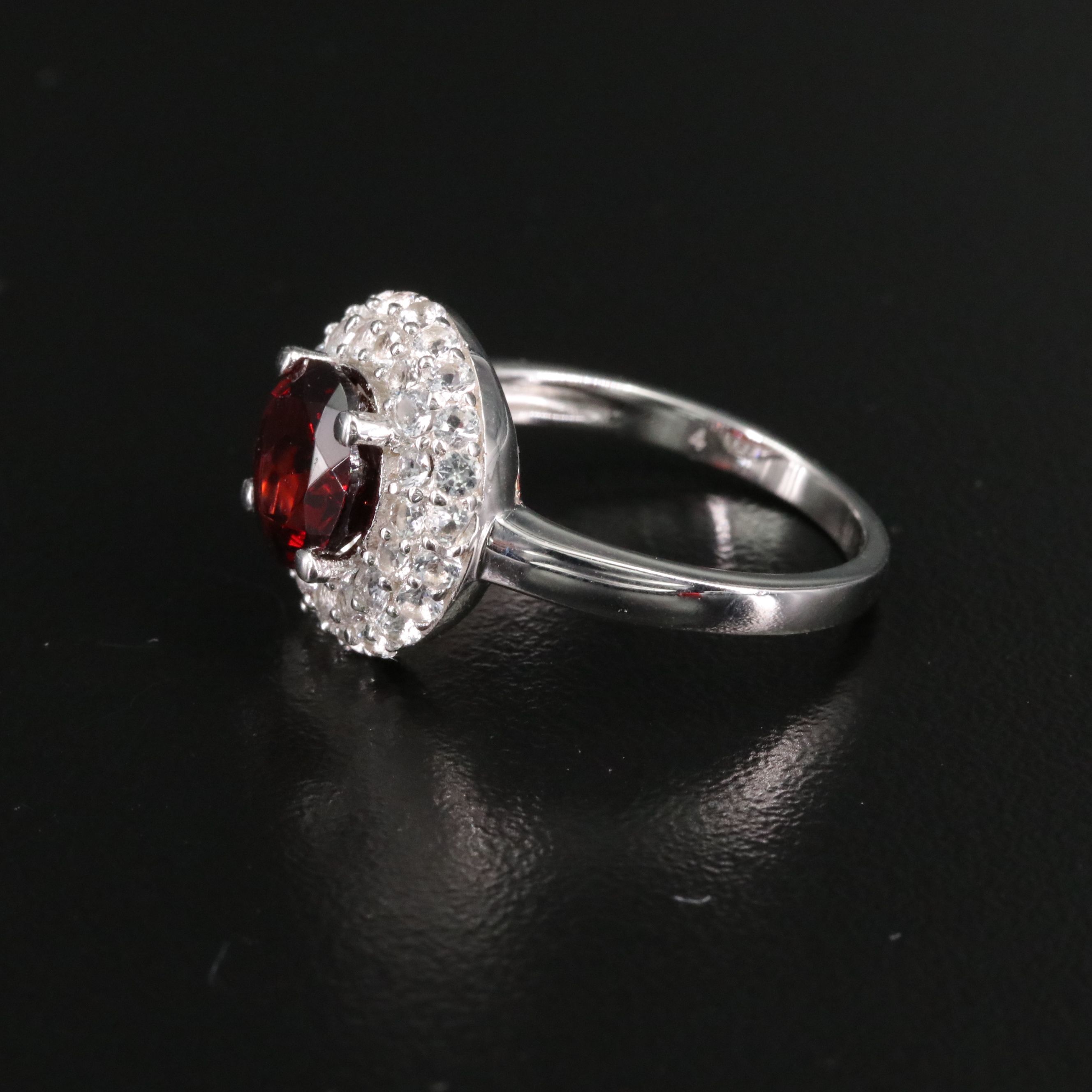 Sterling Garnet and White Topaz Double Halo Ring