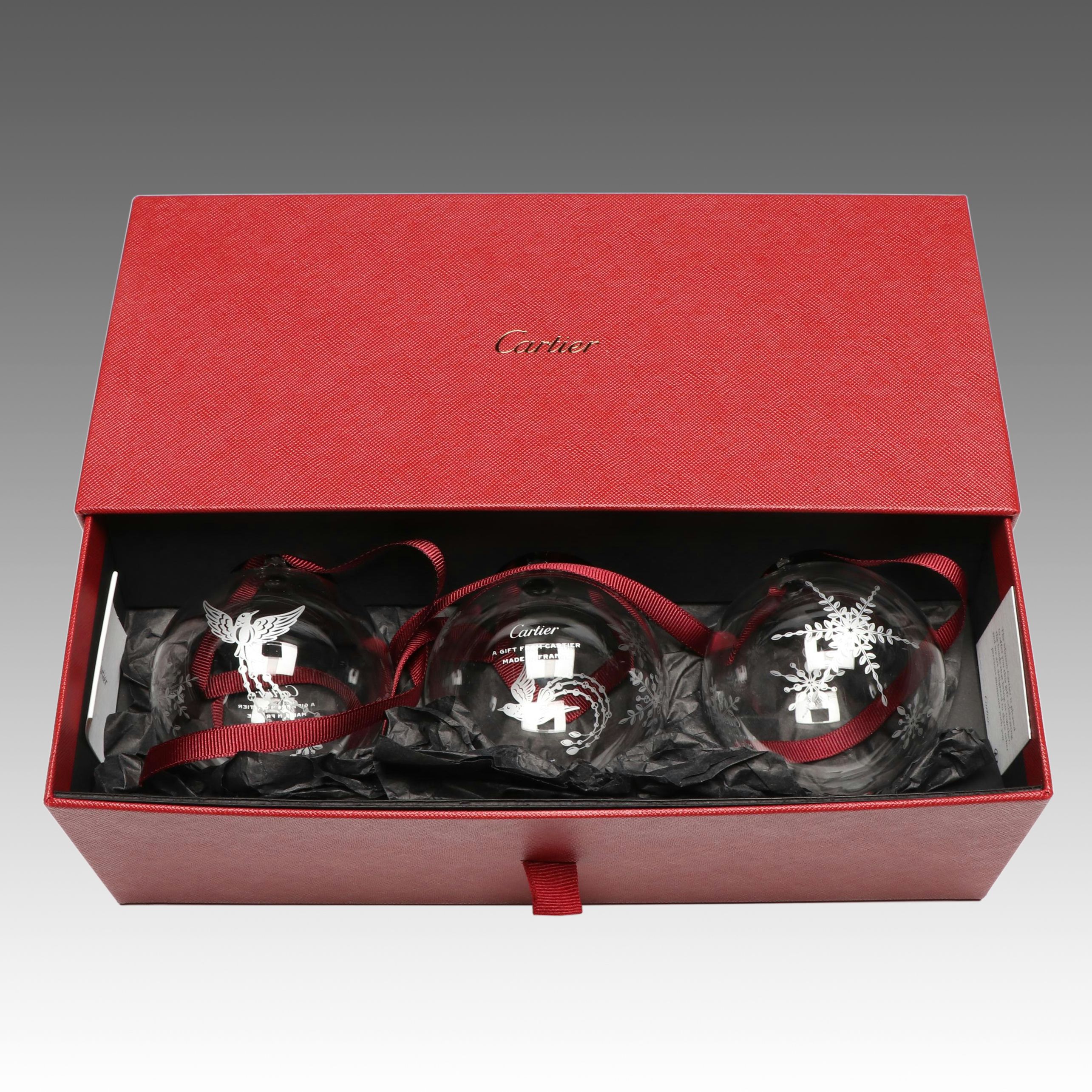Cartier France Glass Christmas Ornament Trio with Box