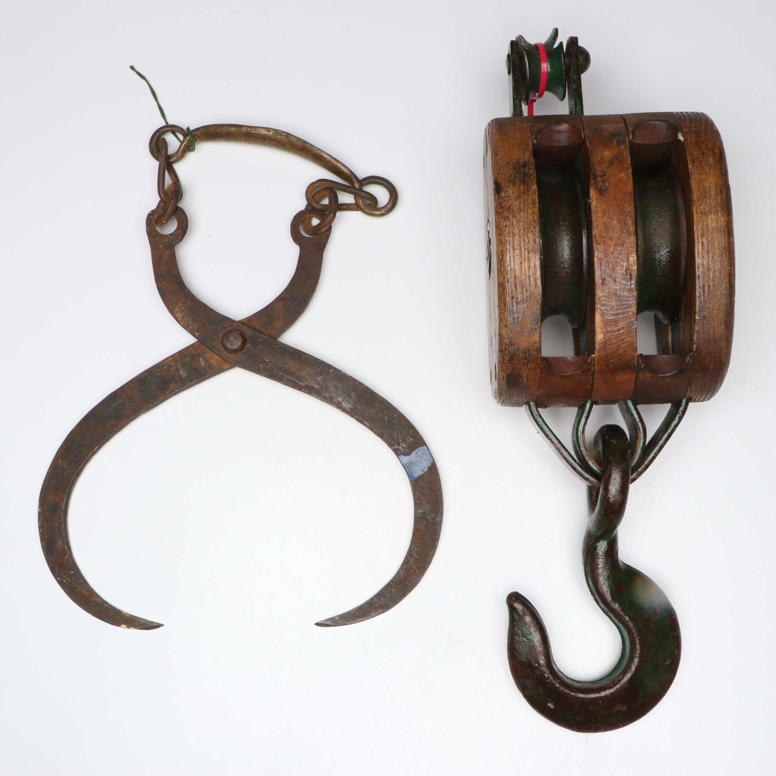 Double Block and Tackle Pulley with Ice Tongs, Antique