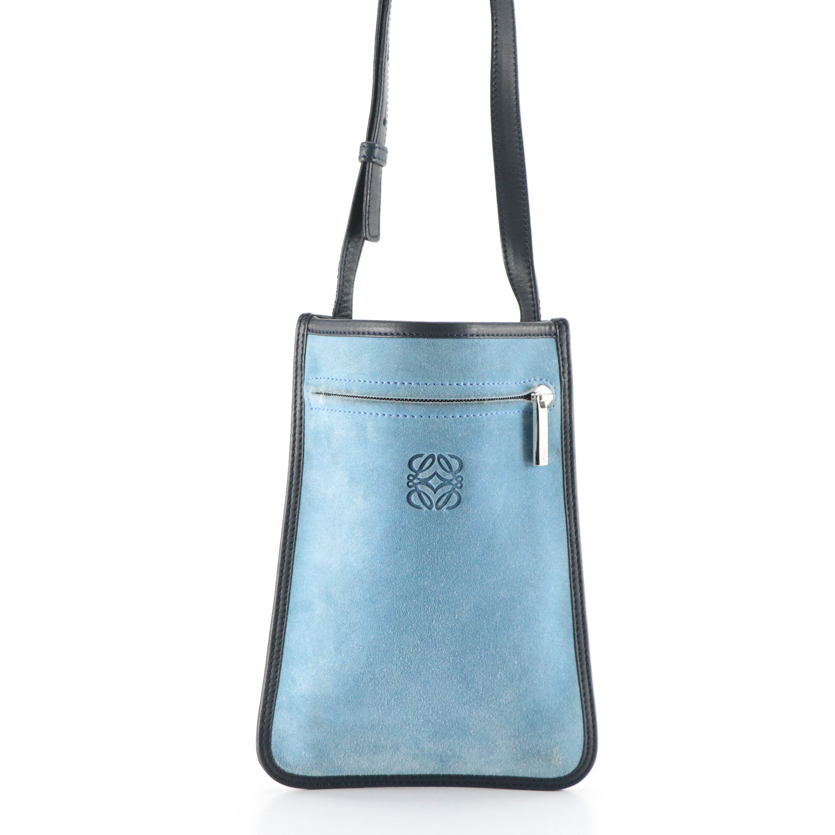 Loewe Small Flat Crossbody Bag in Bicolor Blue Suede and Leather