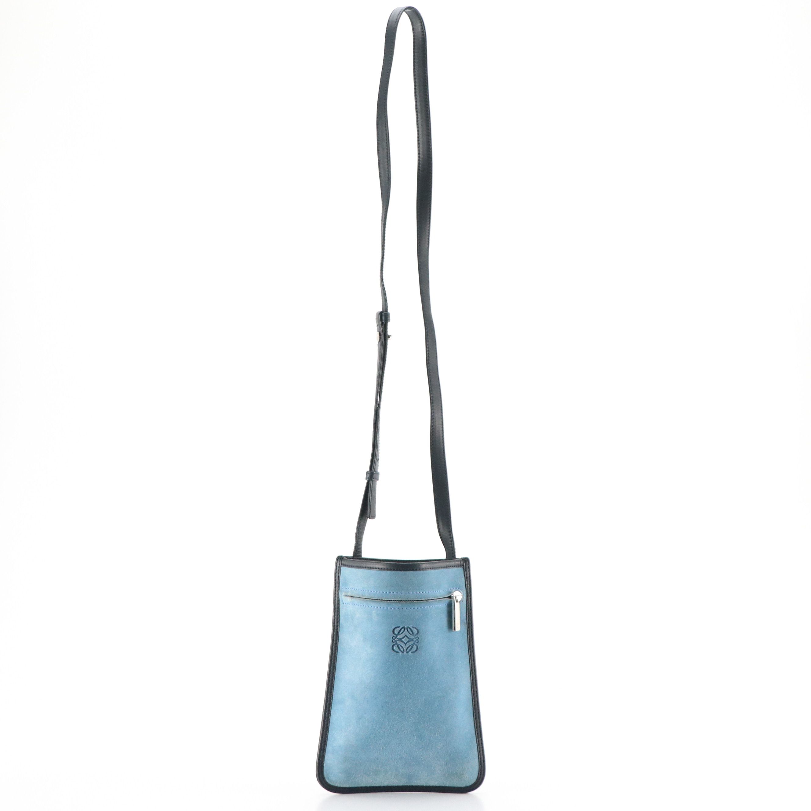 Loewe Small Flat Crossbody Bag in Bicolor Blue Suede and Leather