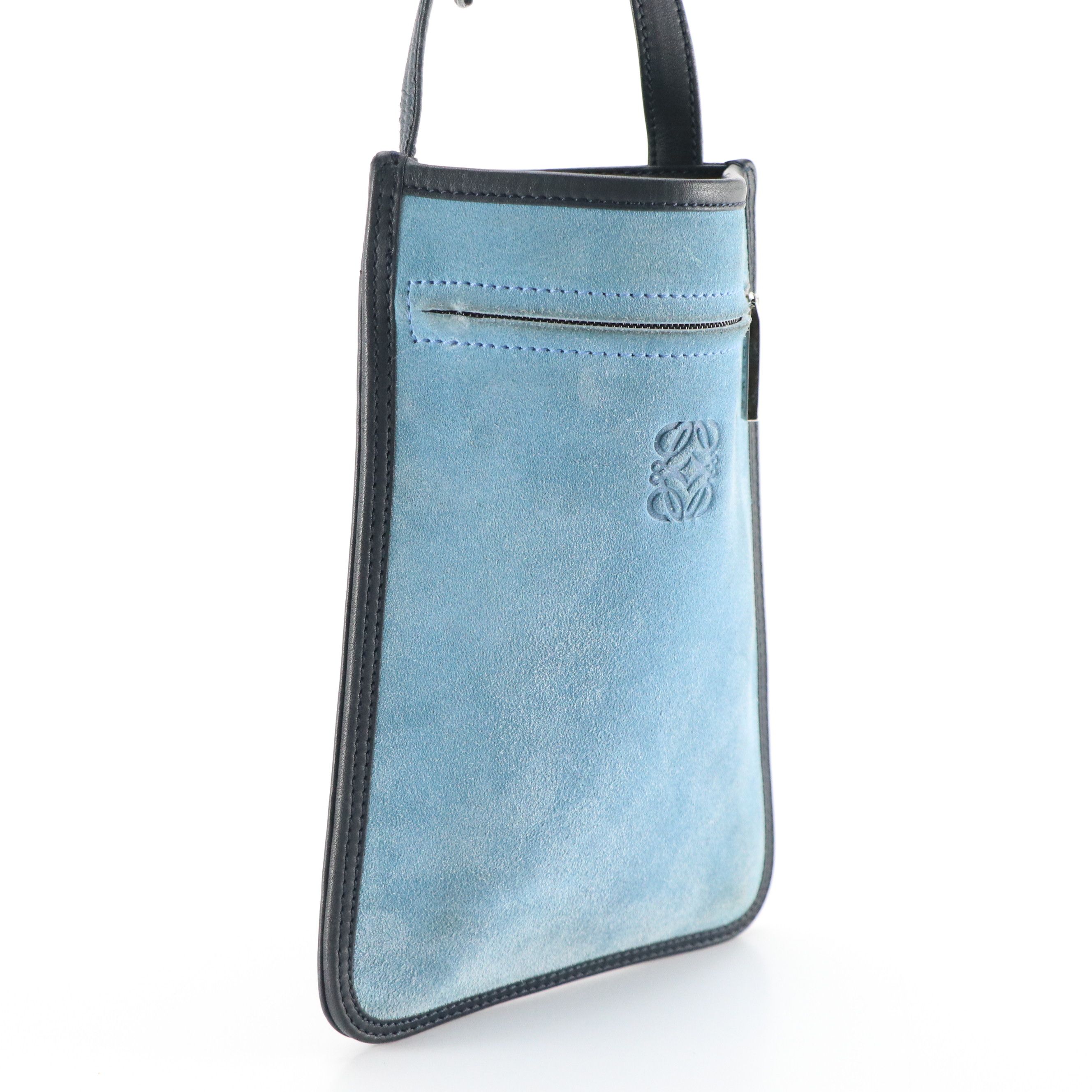 Loewe Small Flat Crossbody Bag in Bicolor Blue Suede and Leather