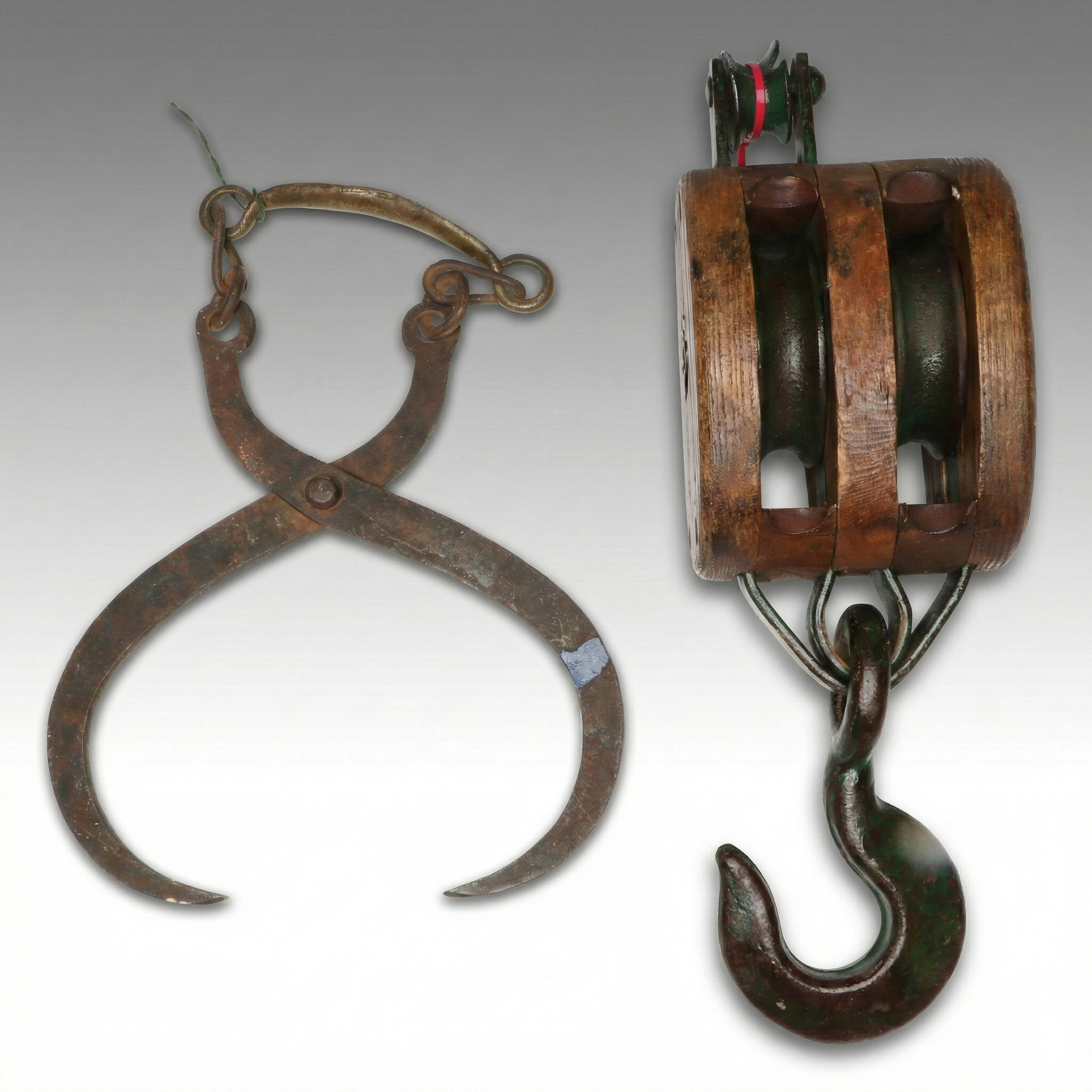 Double Block and Tackle Pulley with Ice Tongs, Antique