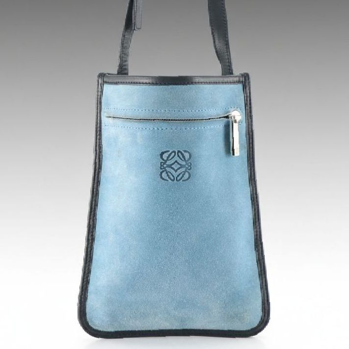 Loewe Small Flat Crossbody Bag in Bicolor Blue Suede and Leather