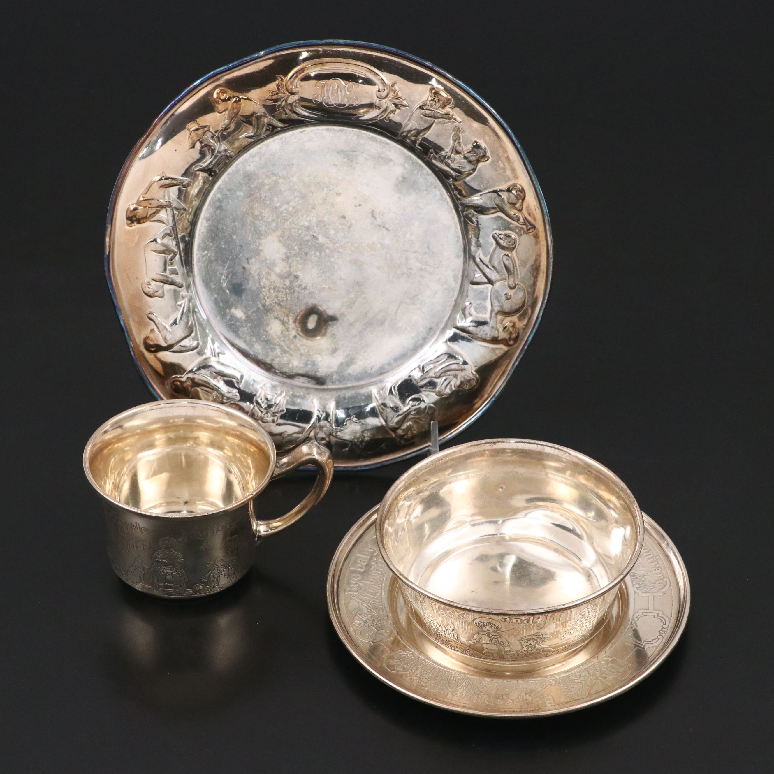 Lebkuecher & Co. Sterling Silver Baby Dishware with Other Silver Plate Tray