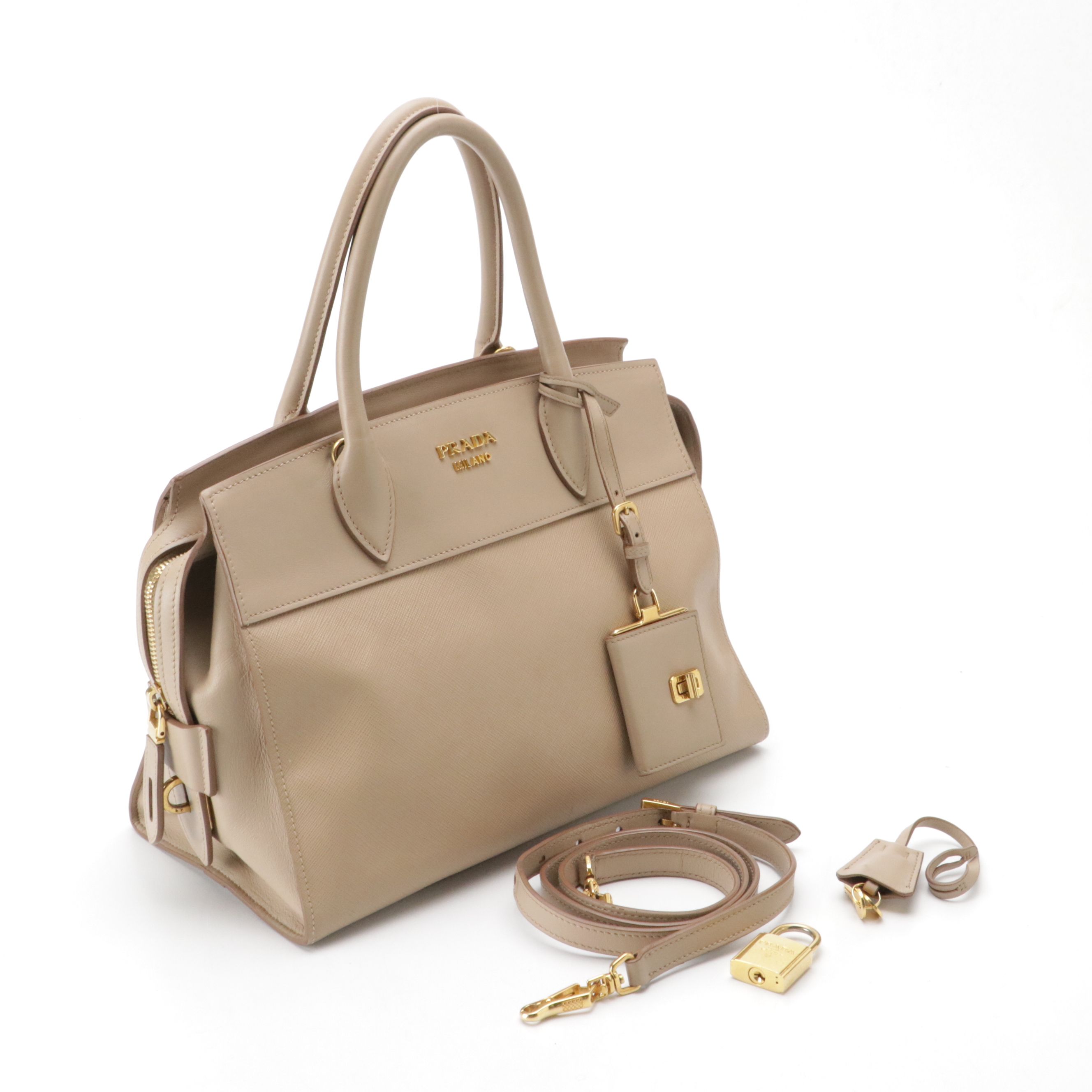 Prada Esplanade Two-Way Satchel in Beige City Calfskin and Saffiano Leather