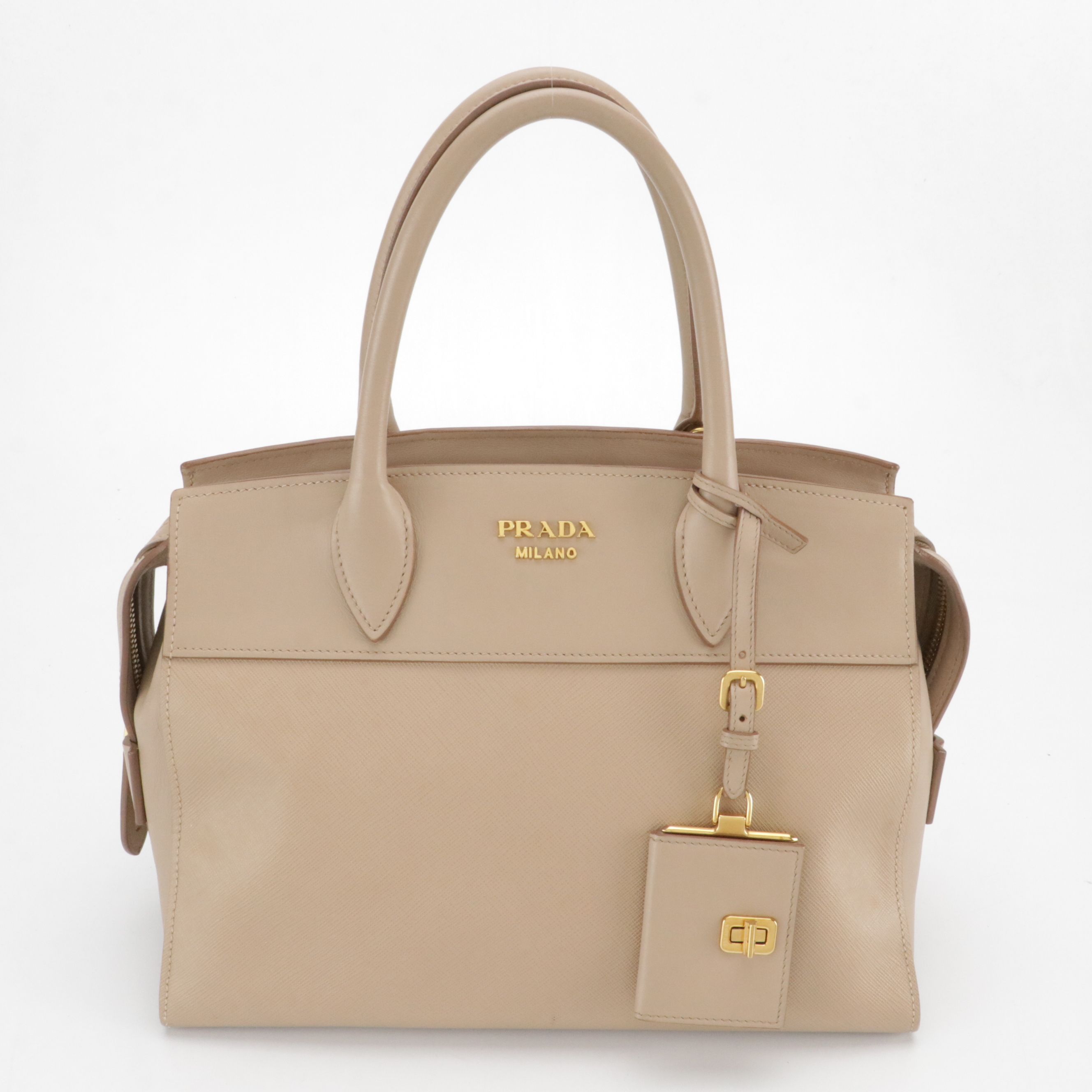 Prada Esplanade Two-Way Satchel in Beige City Calfskin and Saffiano Leather