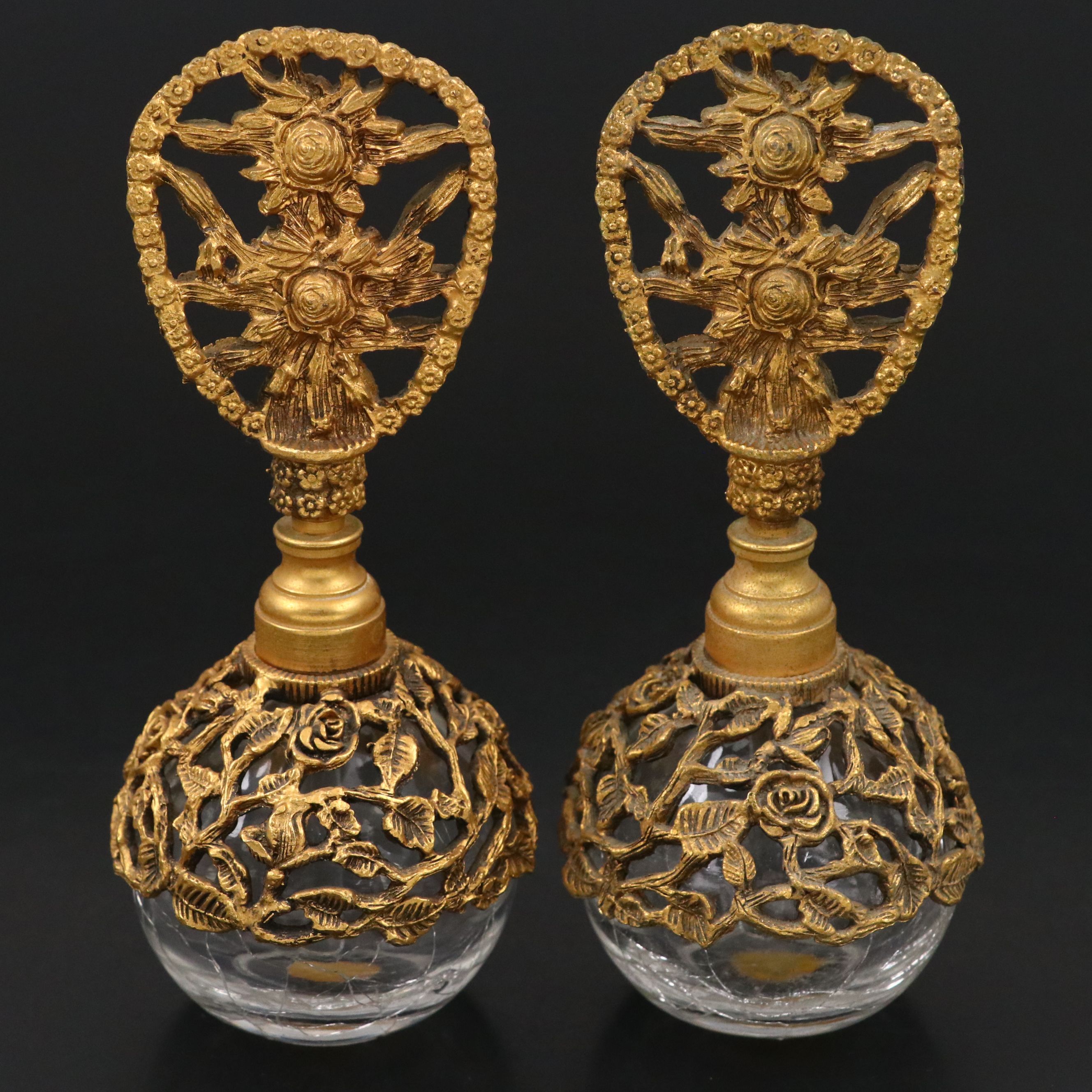 I.W. Rice & Co. Gilt Metal and Crackle Glass Perfume Bottles