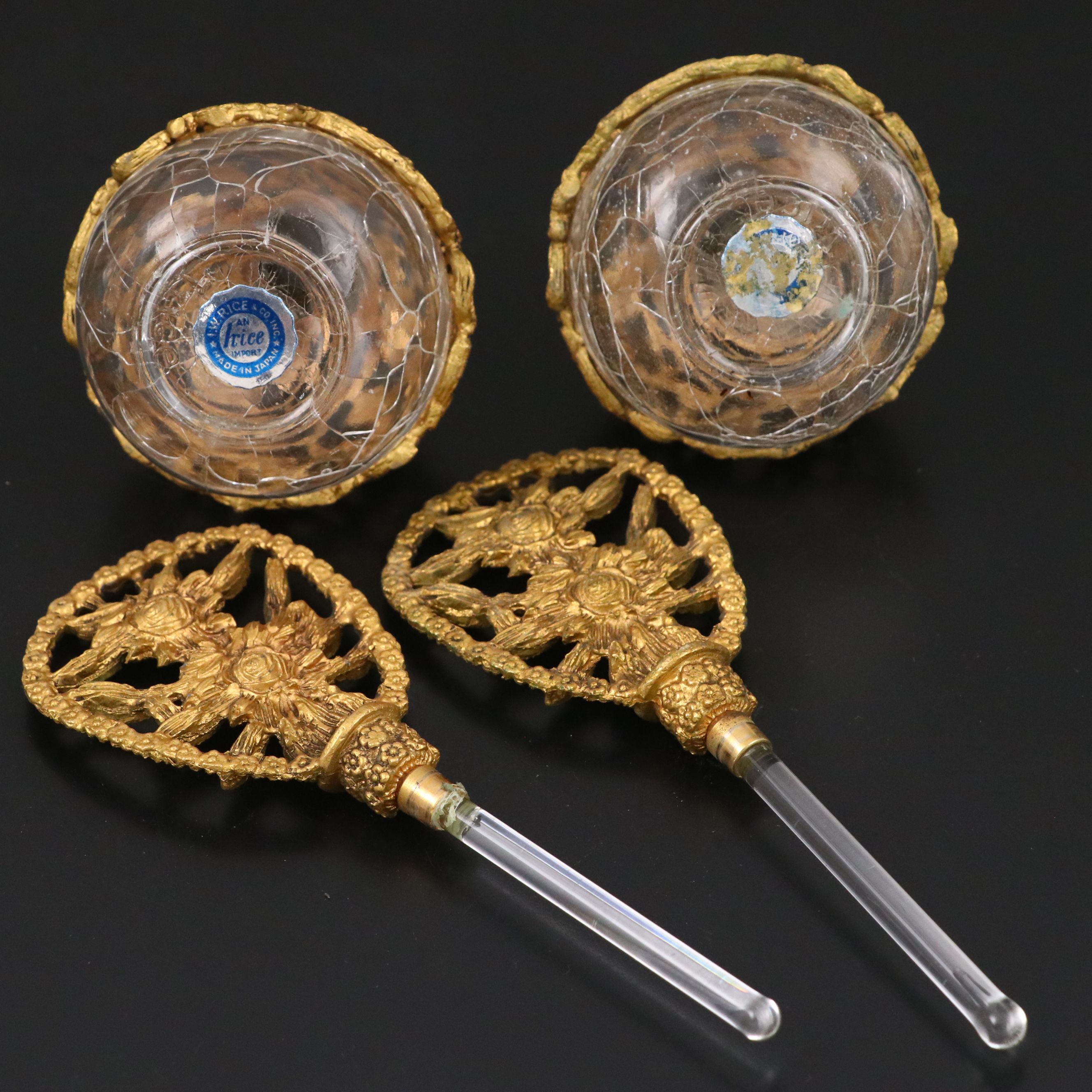 I.W. Rice & Co. Gilt Metal and Crackle Glass Perfume Bottles