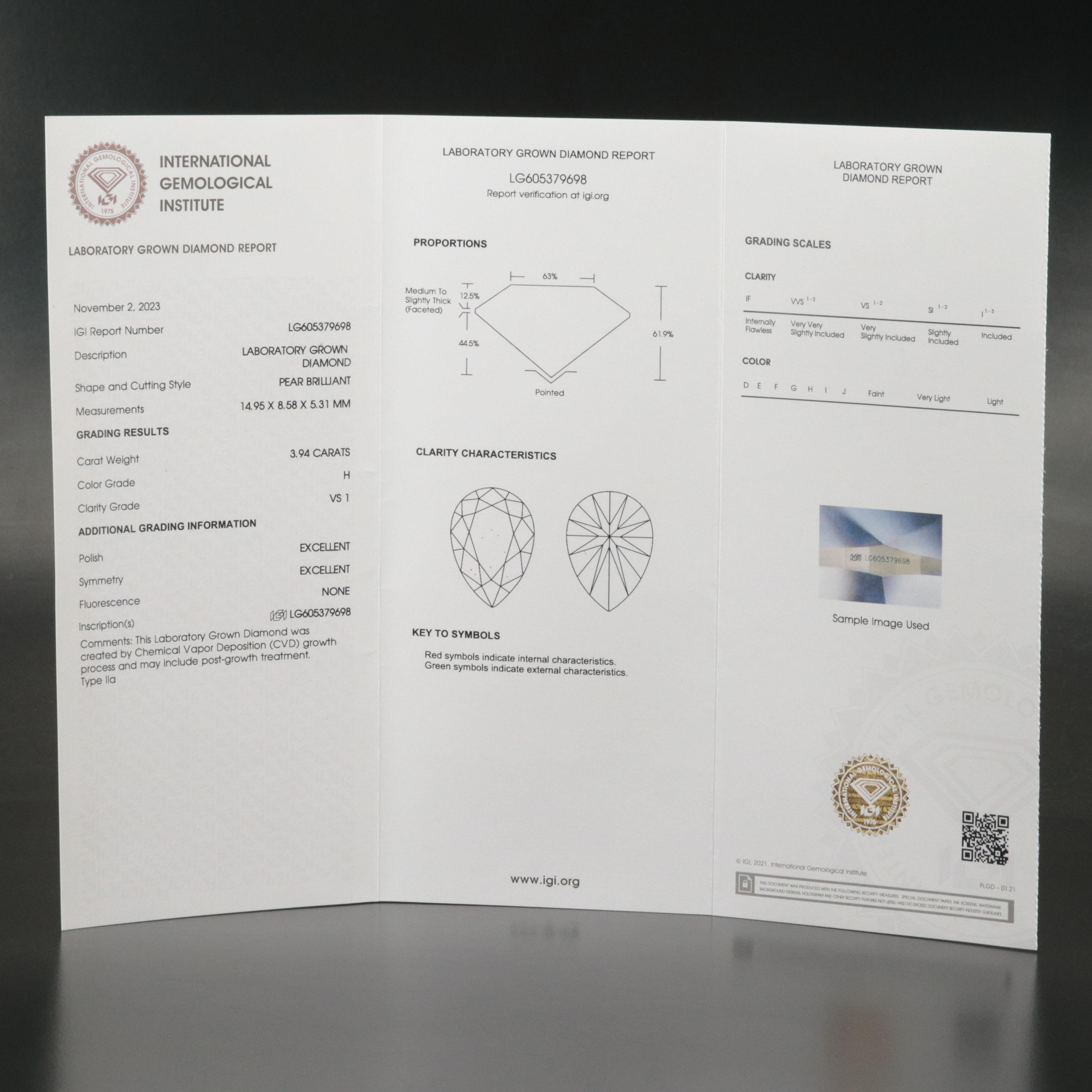 Loose 3.94 CT Lab Grown Diamond with IGI Report