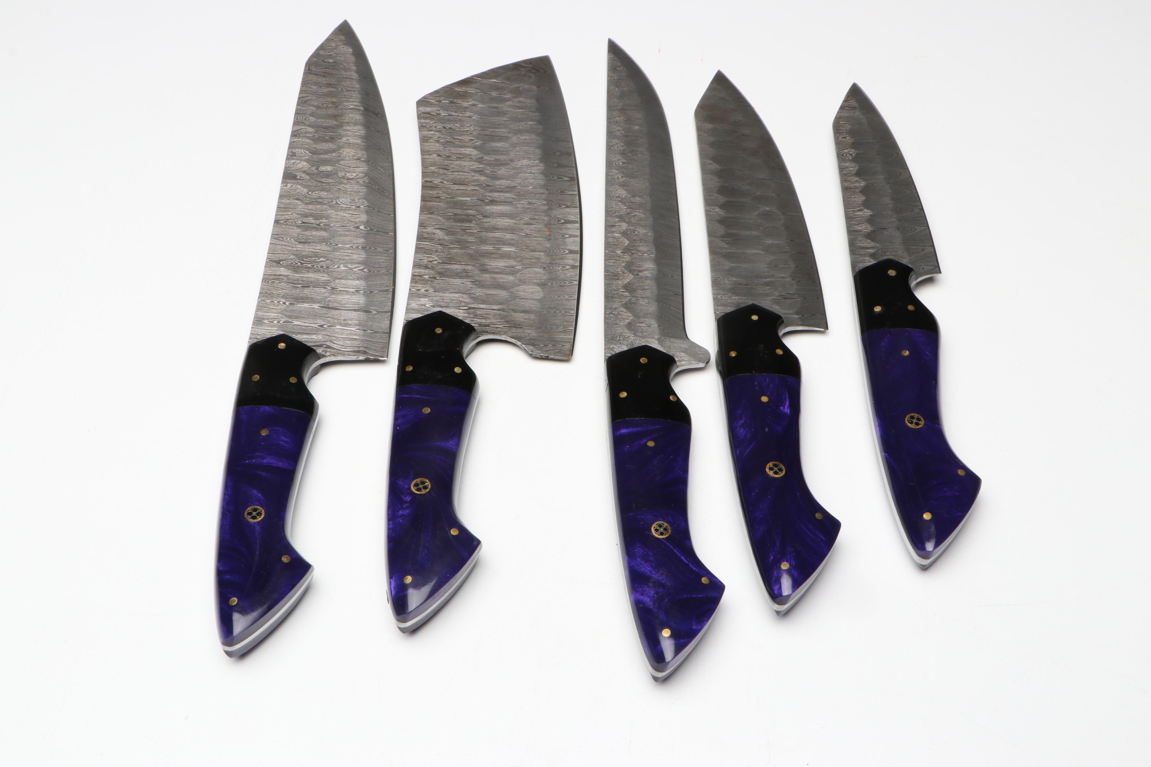 Damascus Steel and Marbled Handle Chef's Knife Set in Suede Leather Roll