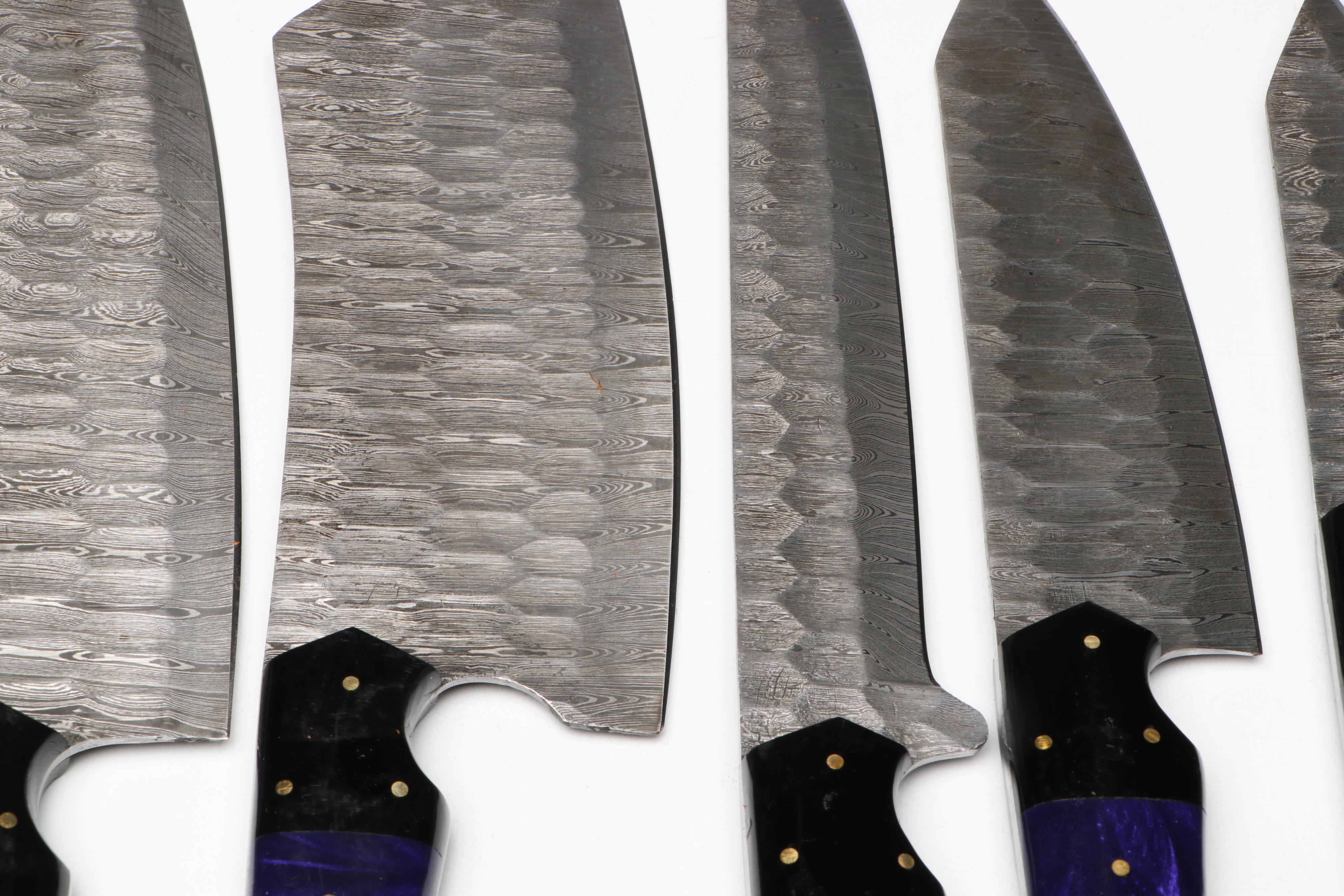 Damascus Steel and Marbled Handle Chef's Knife Set in Suede Leather Roll