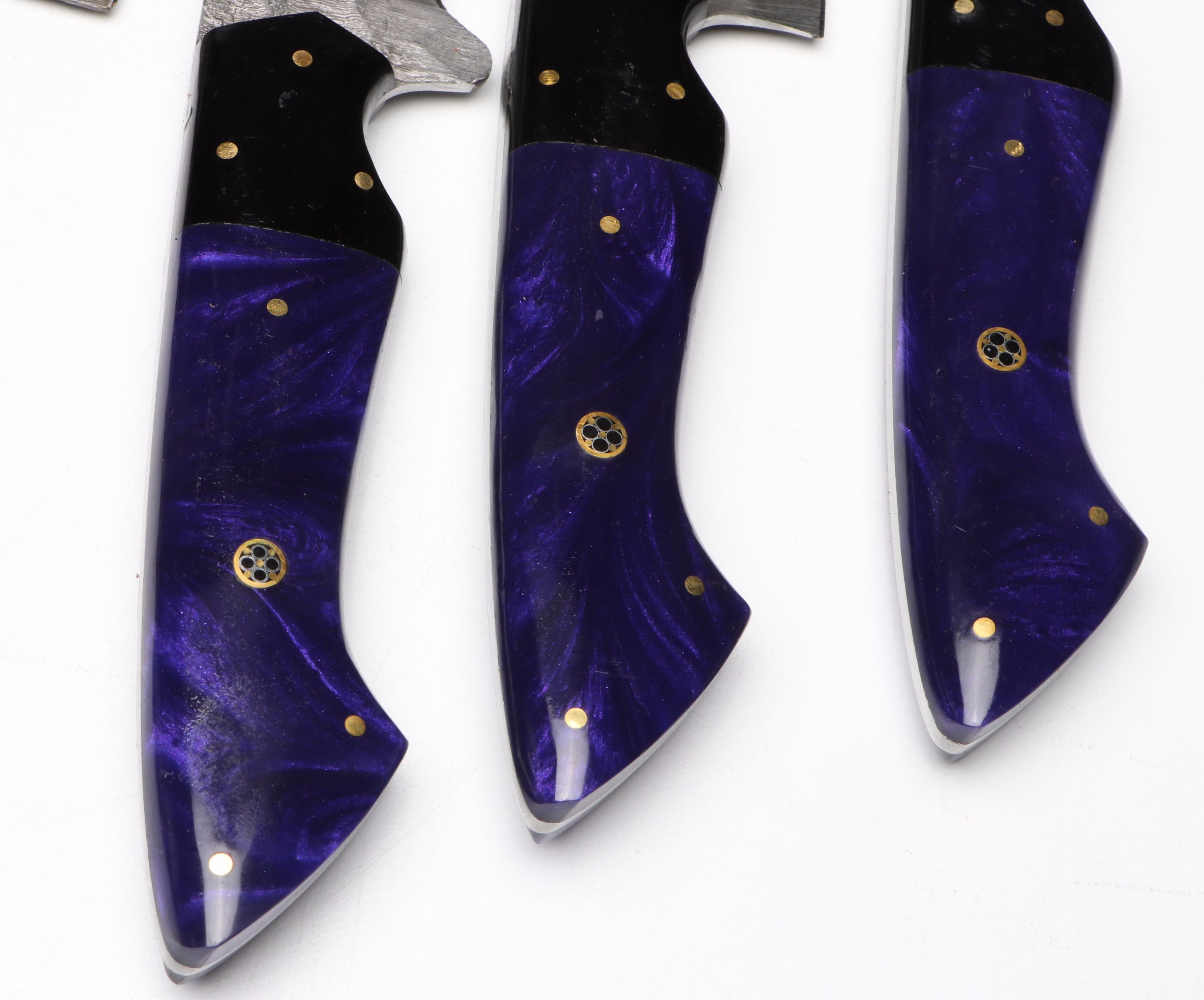 Damascus Steel and Marbled Handle Chef's Knife Set in Suede Leather Roll