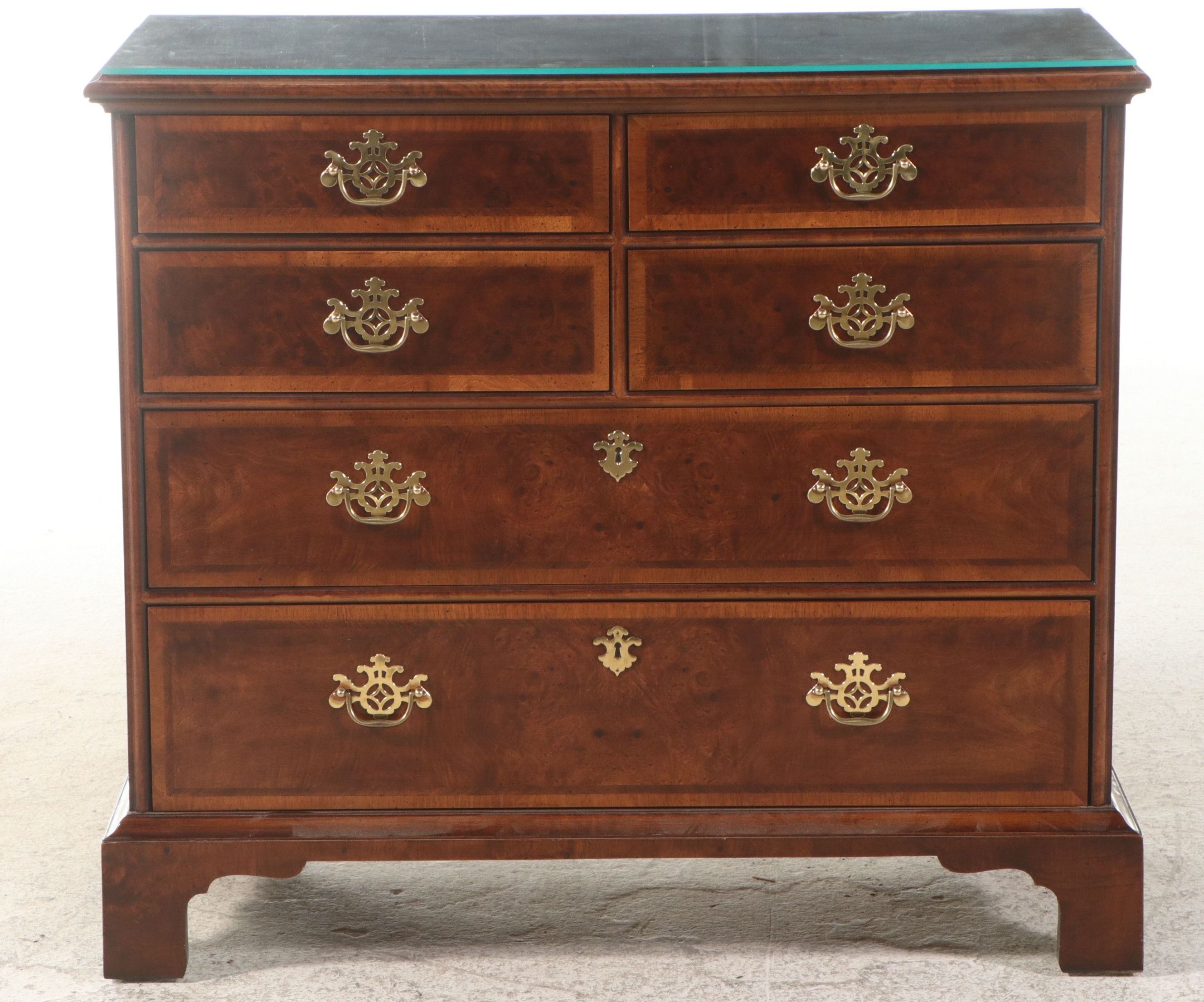 Henredon Aston Court Burl Wood Bachelor's Chest with Protective Glass Top