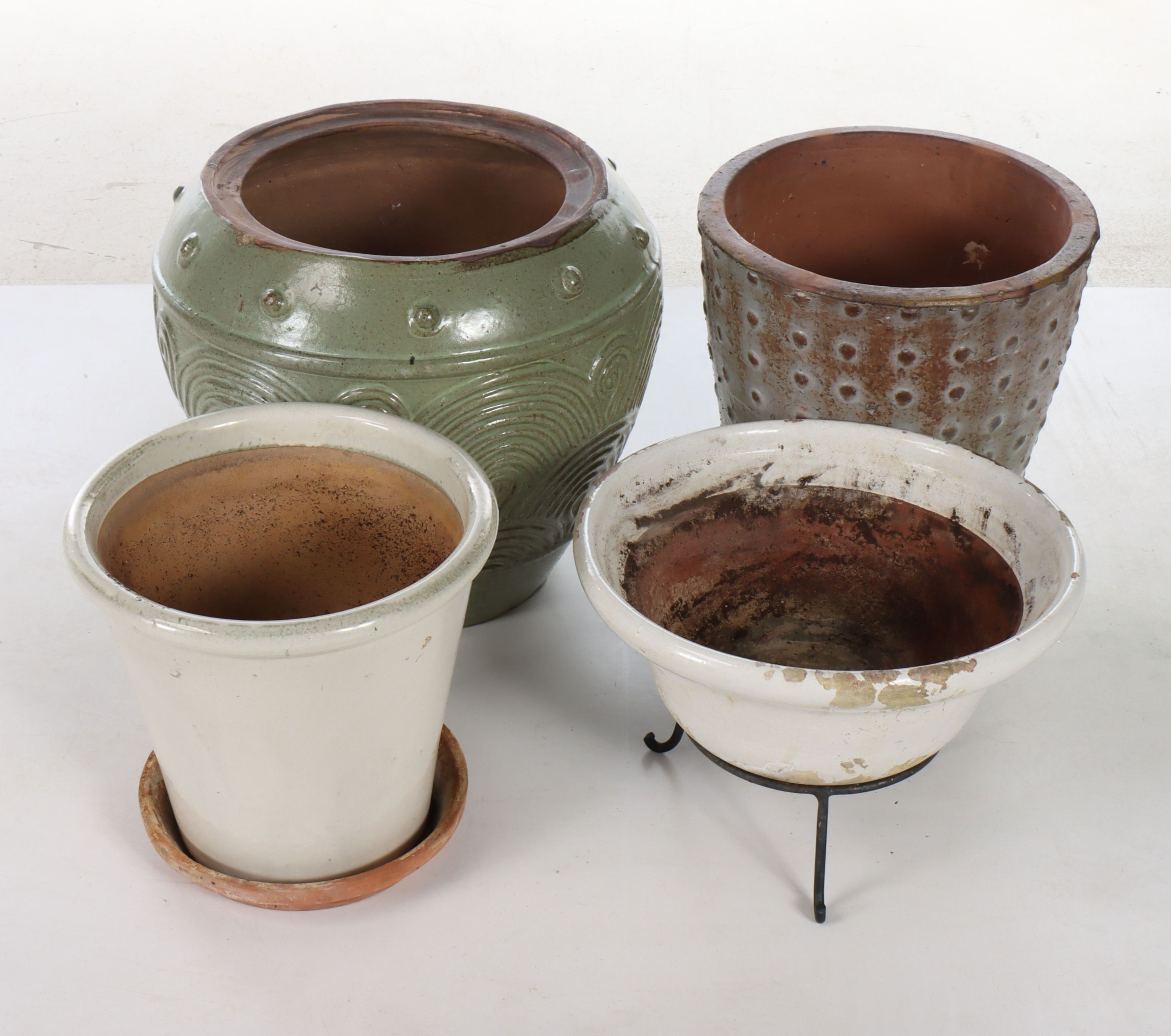 Ridged Celadon Earthenware with Other Planters and Metal Stand