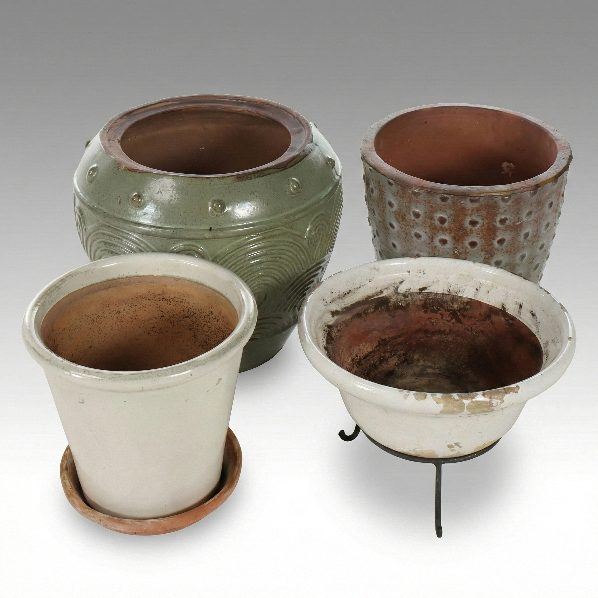 Ridged Celadon Earthenware with Other Planters and Metal Stand