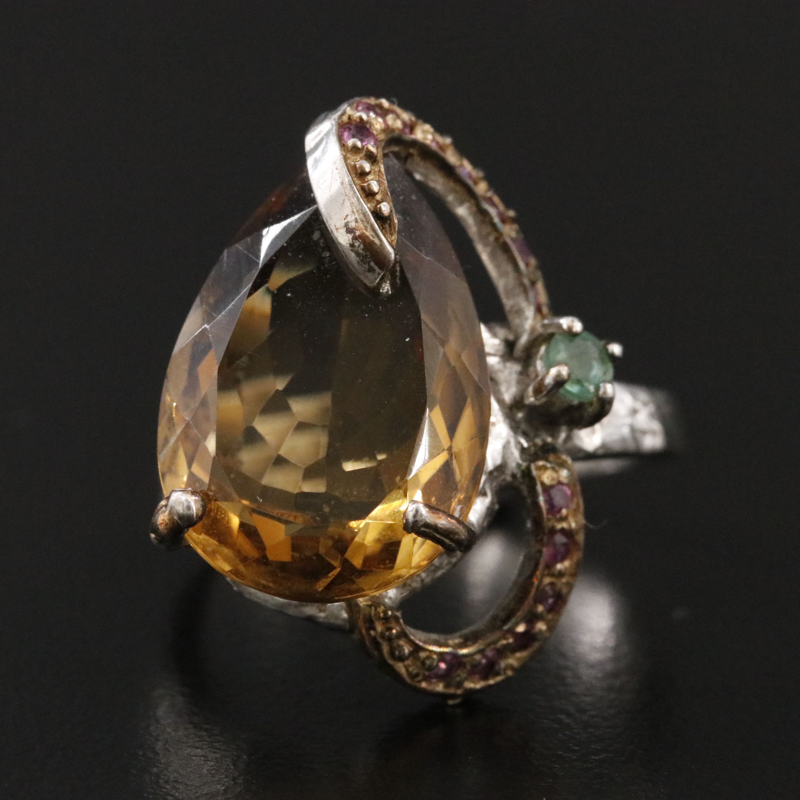Sterling Citrine, Emerald, and Garnet Ring
