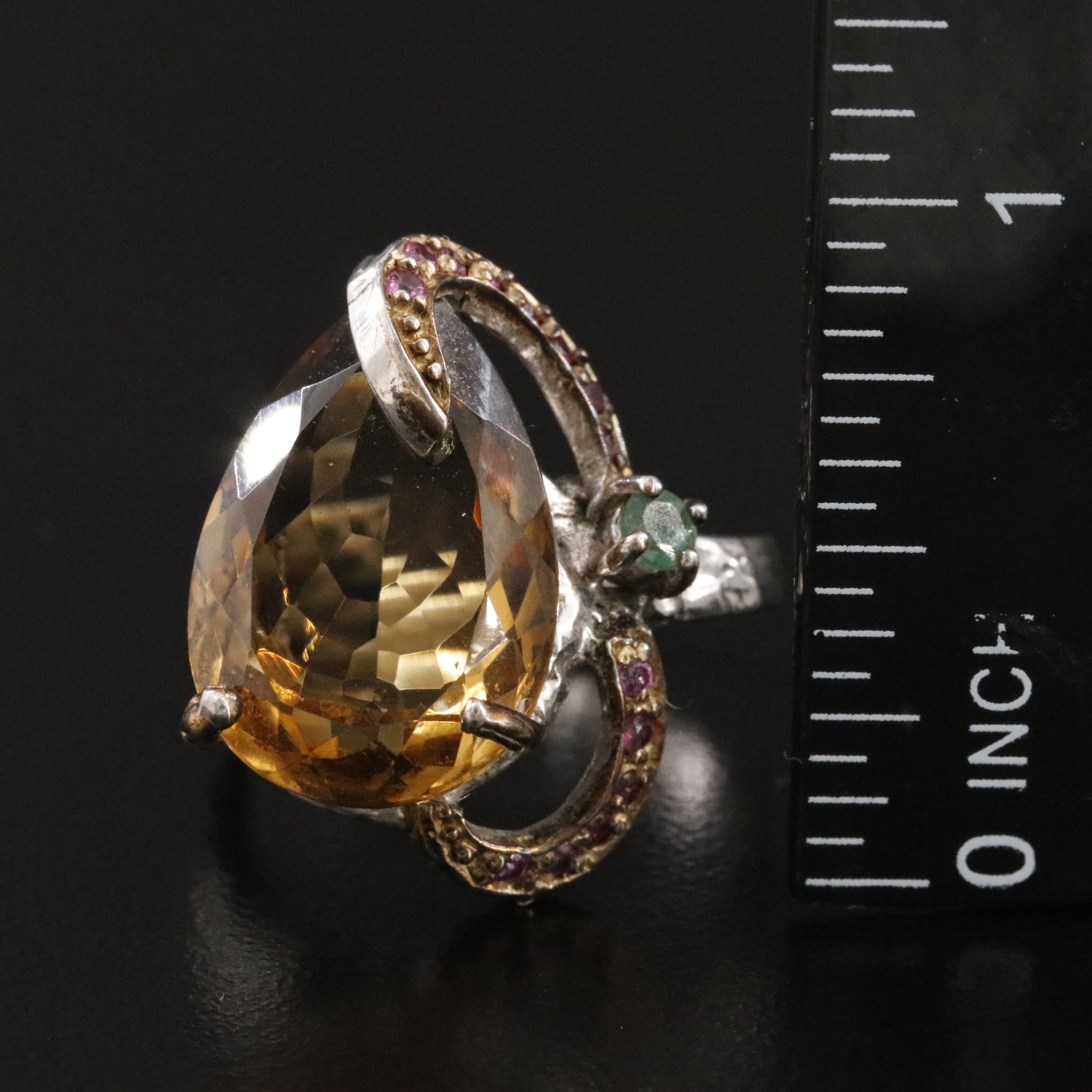 Sterling Citrine, Emerald, and Garnet Ring