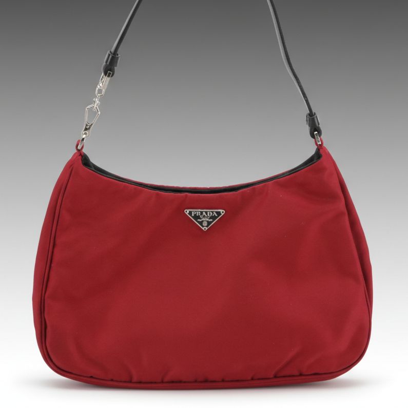 Prada Mini Shoulder Bag in Red Tessuto Nylon and Black Leather Trim