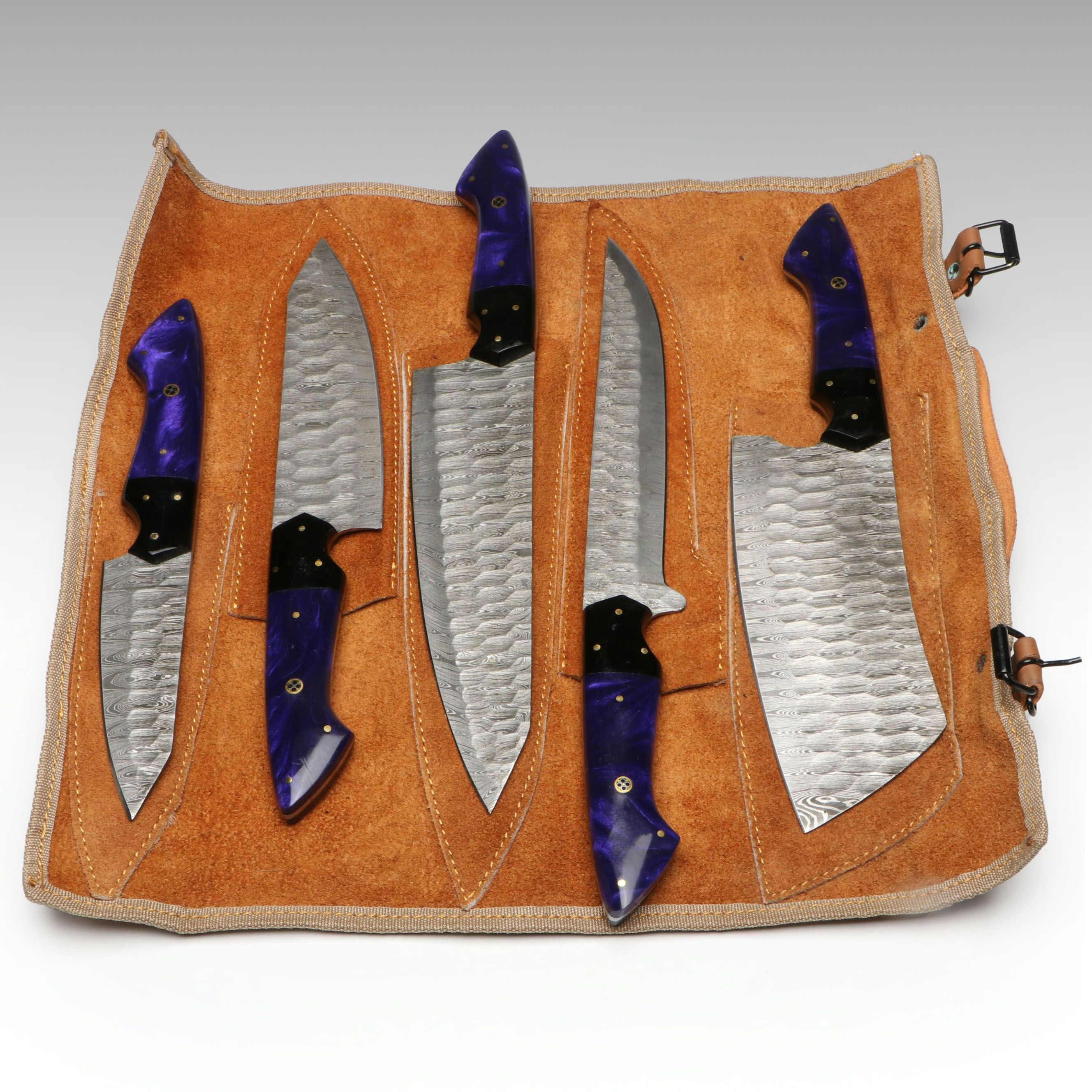 Damascus Steel and Marbled Handle Chef's Knife Set in Suede Leather Roll