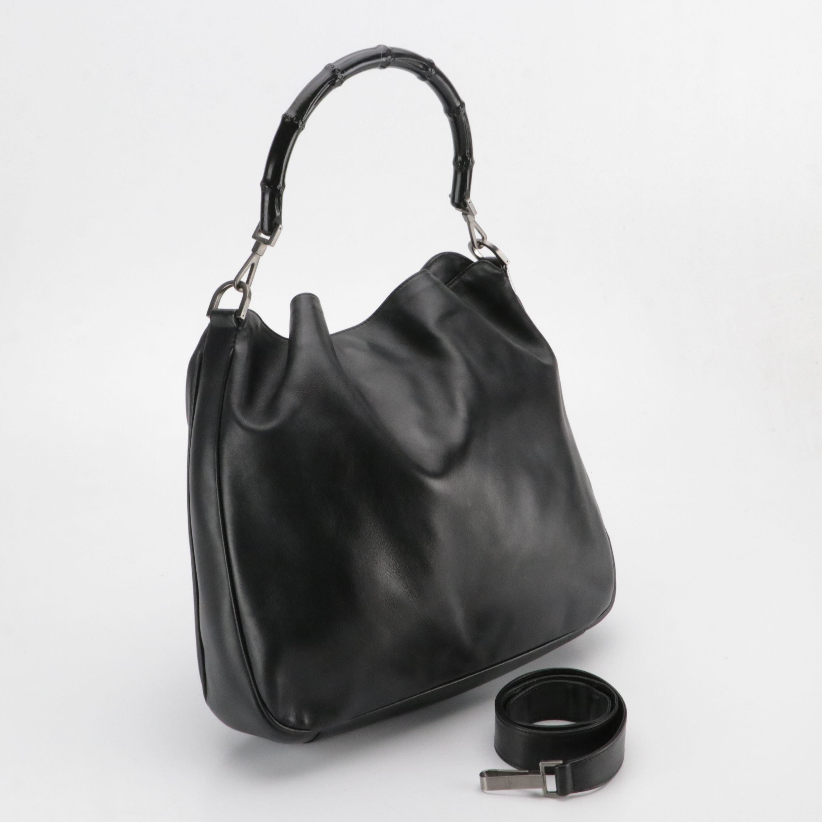 Gucci Bamboo Black Leather Hobo Bag with Detachable Strap