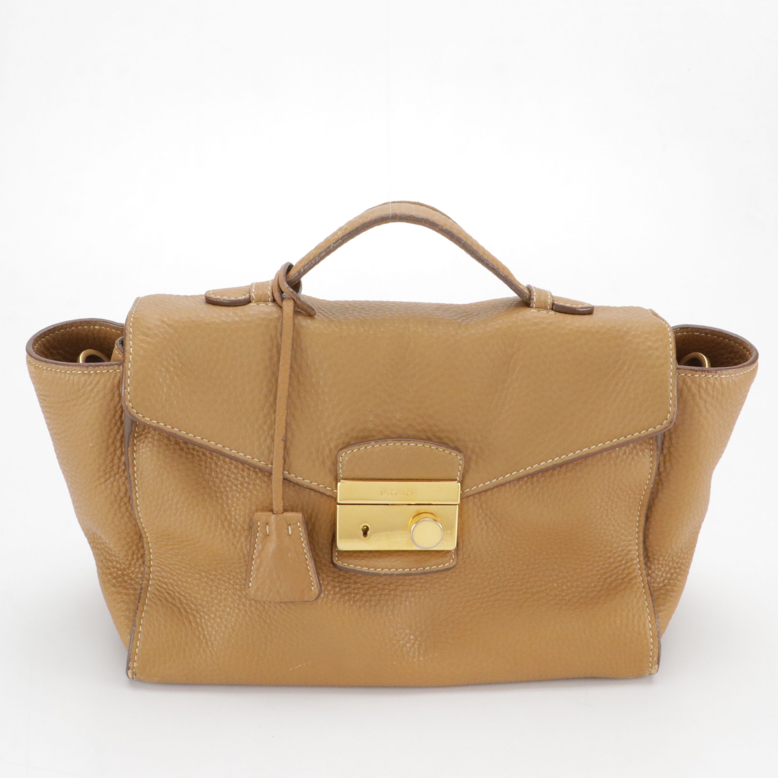 Prada Sound Flap Top Handle Two-Way Satchel in Caramel Pebbled Calfskin Leather