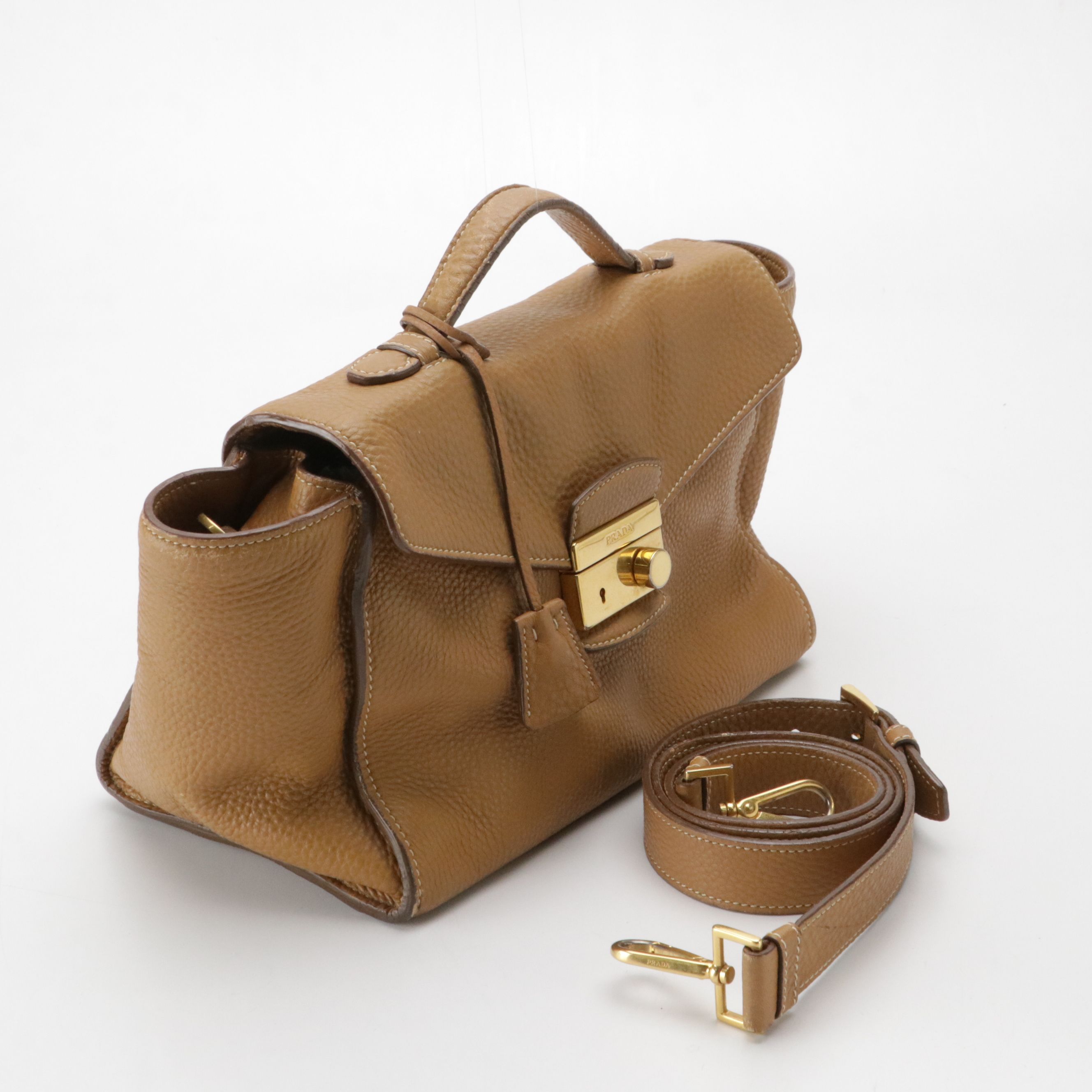 Prada Sound Flap Top Handle Two-Way Satchel in Caramel Pebbled Calfskin Leather