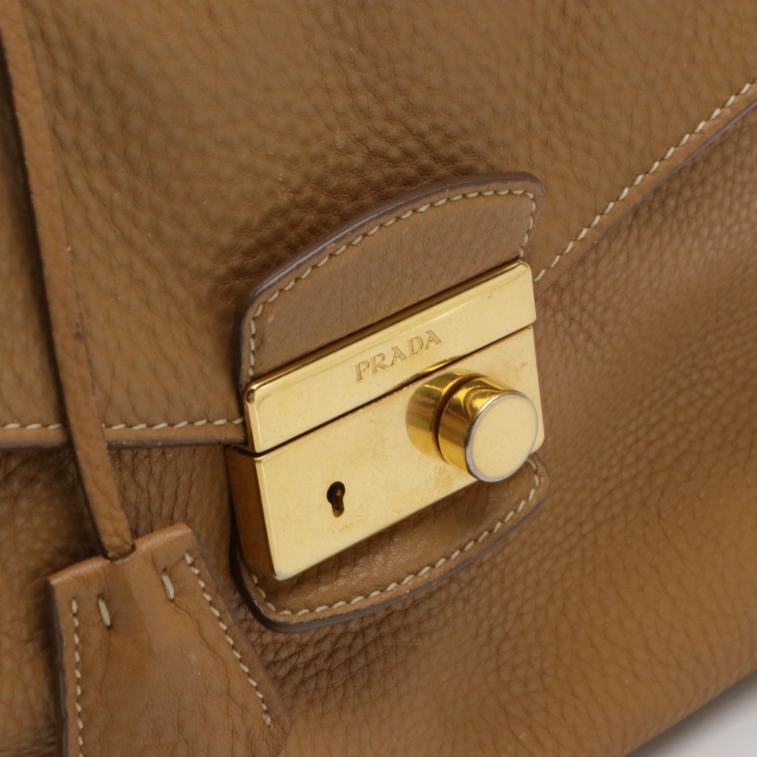Prada Sound Flap Top Handle Two-Way Satchel in Caramel Pebbled Calfskin Leather