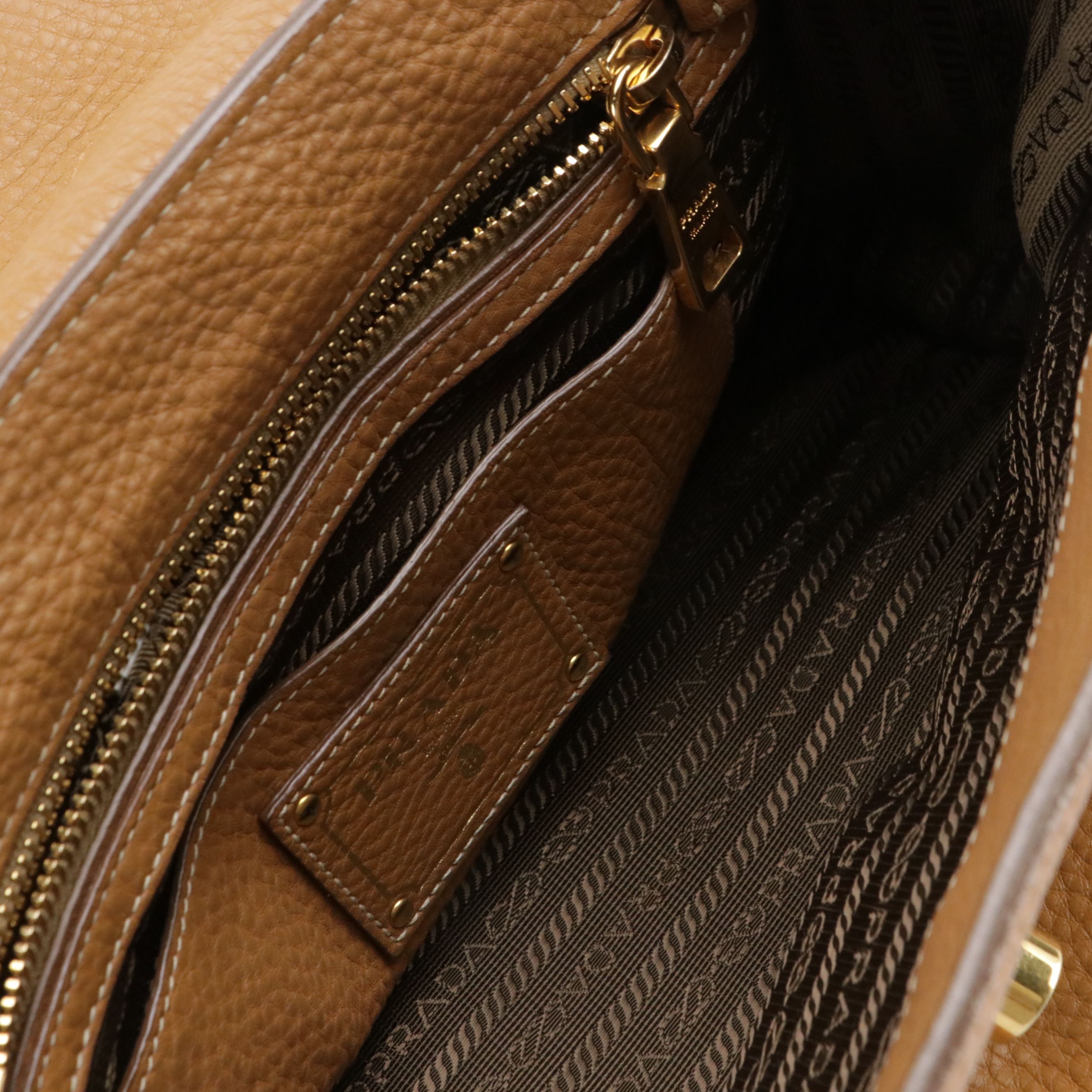 Prada Sound Flap Top Handle Two-Way Satchel in Caramel Pebbled Calfskin Leather