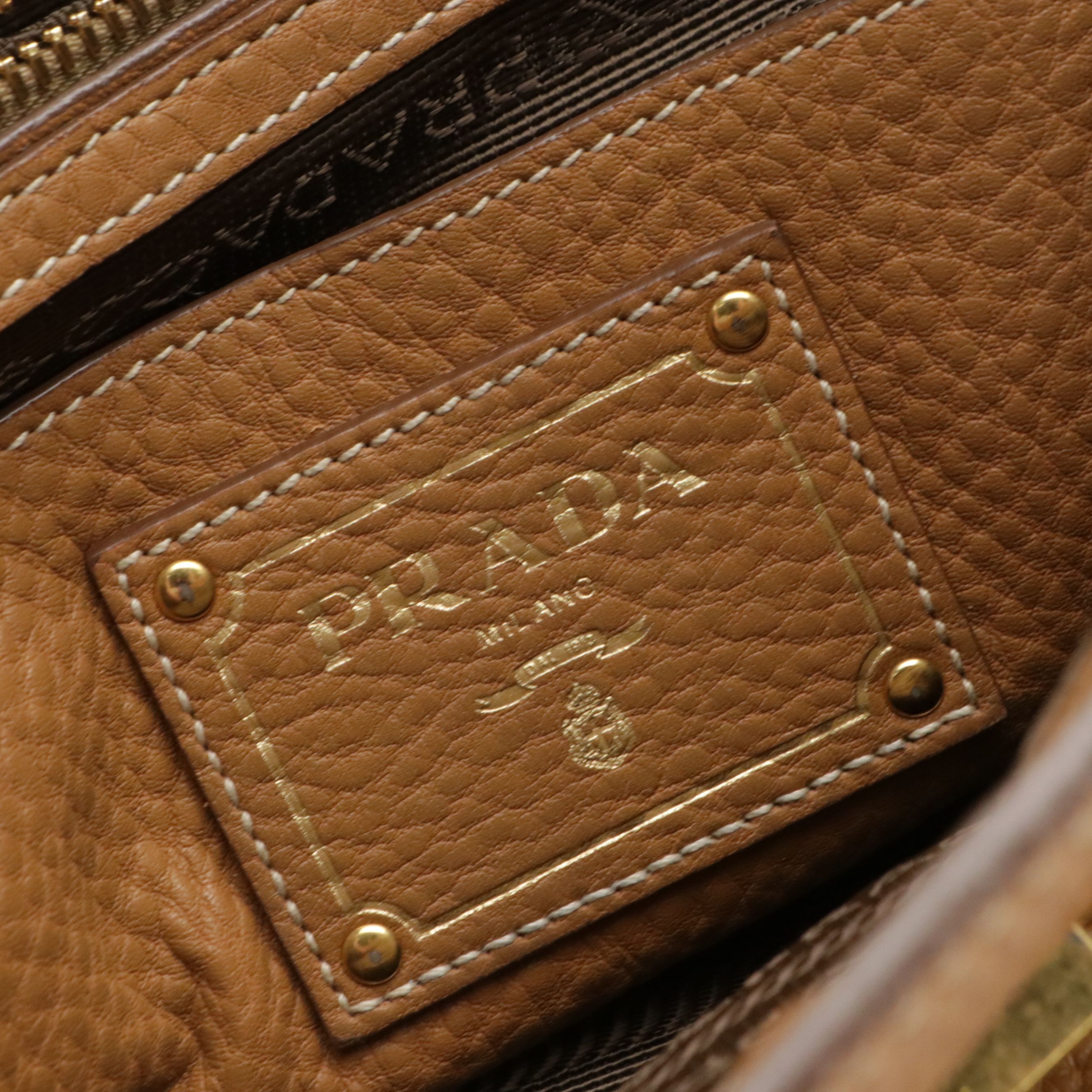 Prada Sound Flap Top Handle Two-Way Satchel in Caramel Pebbled Calfskin Leather