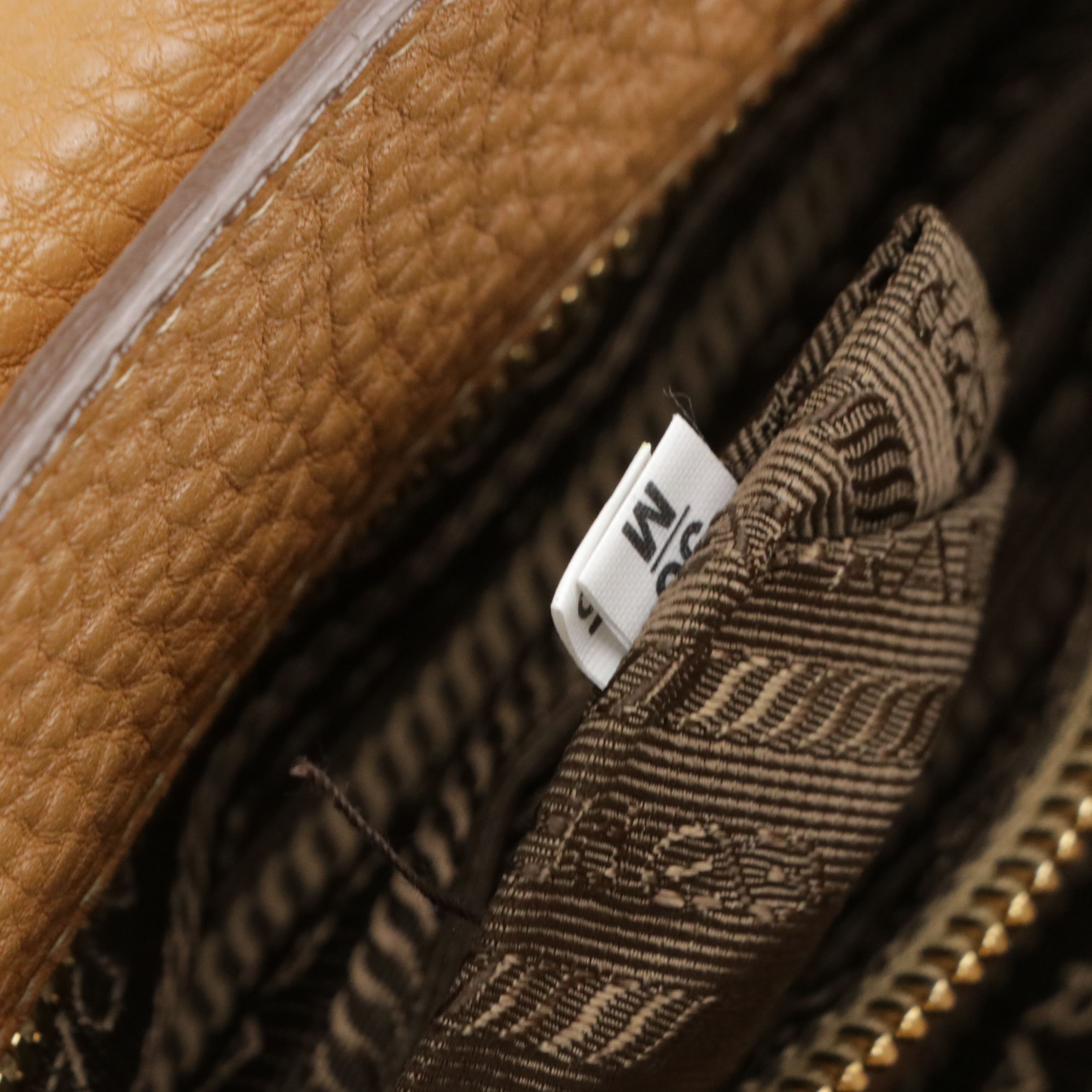 Prada Sound Flap Top Handle Two-Way Satchel in Caramel Pebbled Calfskin Leather