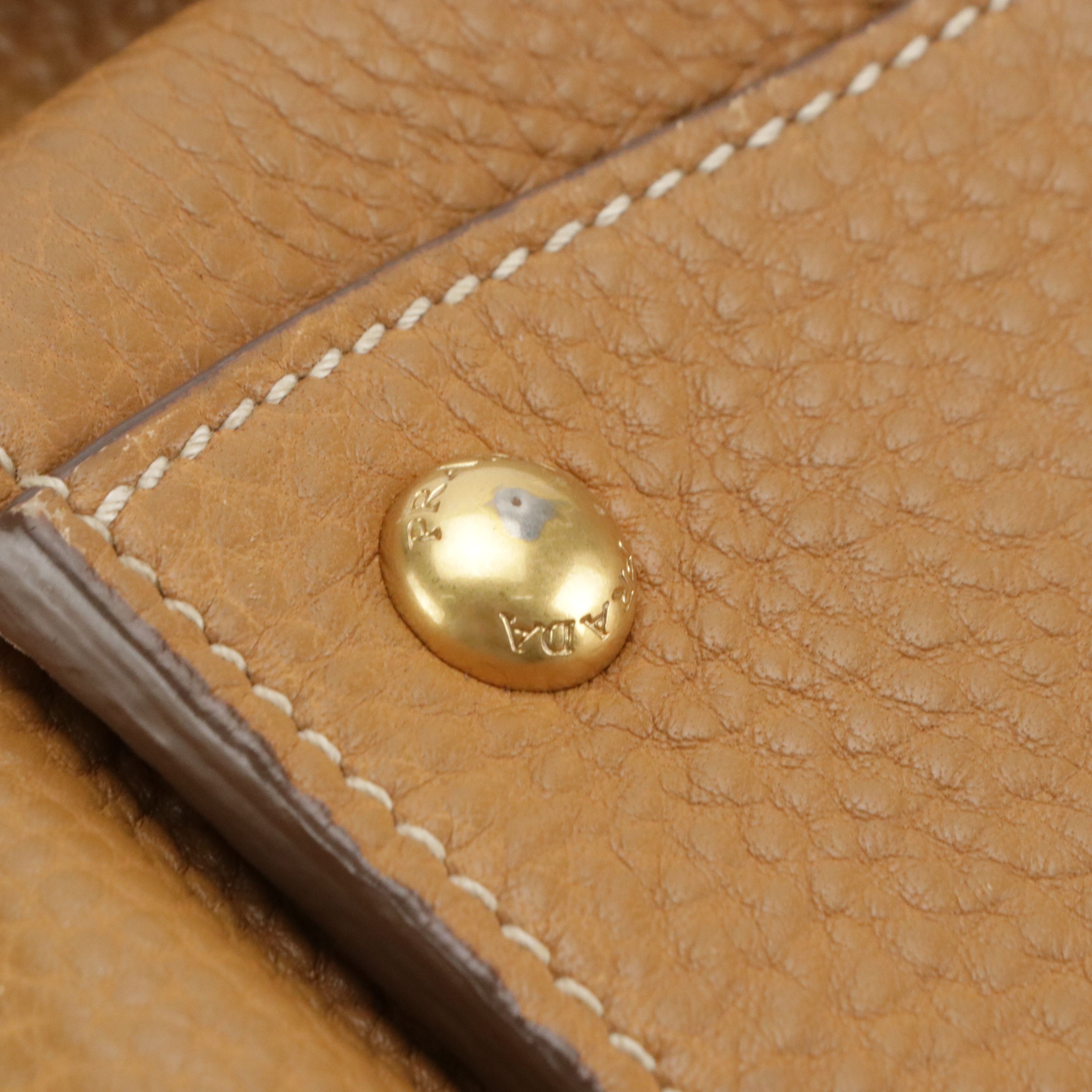 Prada Sound Flap Top Handle Two-Way Satchel in Caramel Pebbled Calfskin Leather