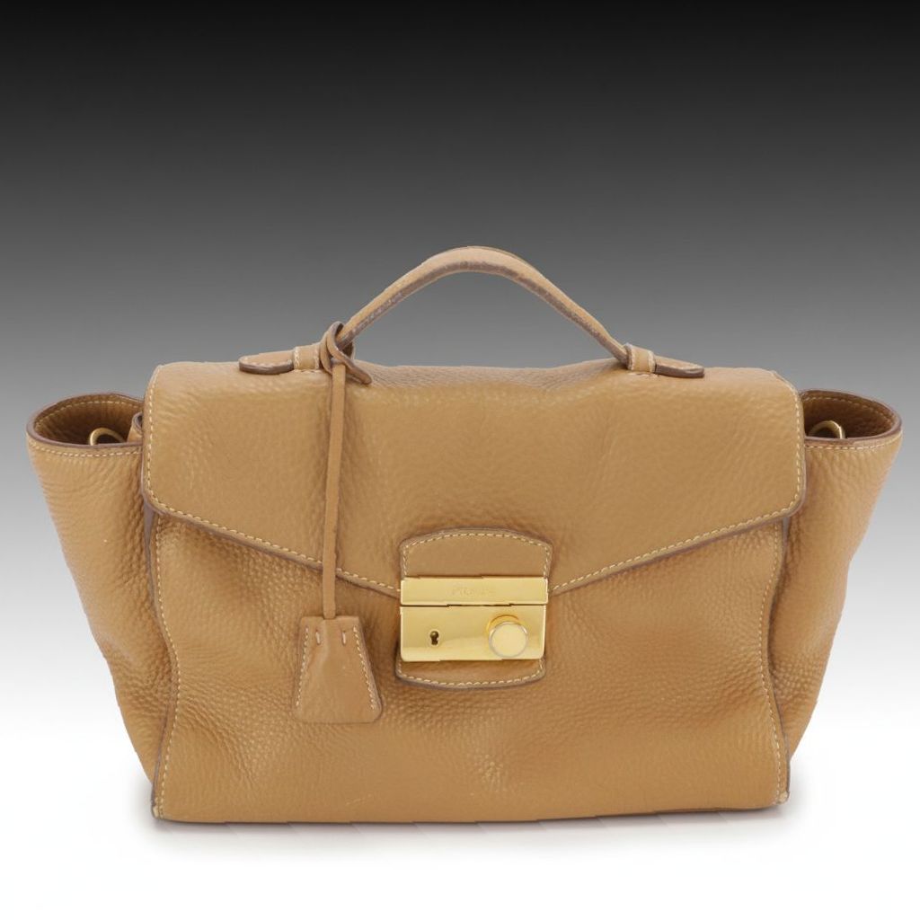 Prada Sound Flap Top Handle Two-Way Satchel in Caramel Pebbled Calfskin Leather