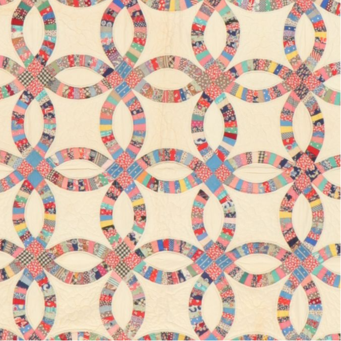 5'8 x 6'9 Handmade Double Wedding Ring Quilt, Early to Mid 20th C.