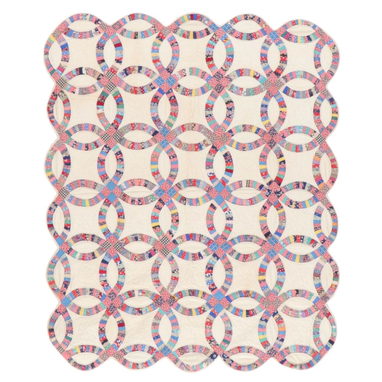 5'8 x 6'9 Handmade Double Wedding Ring Quilt, Early to Mid 20th C.