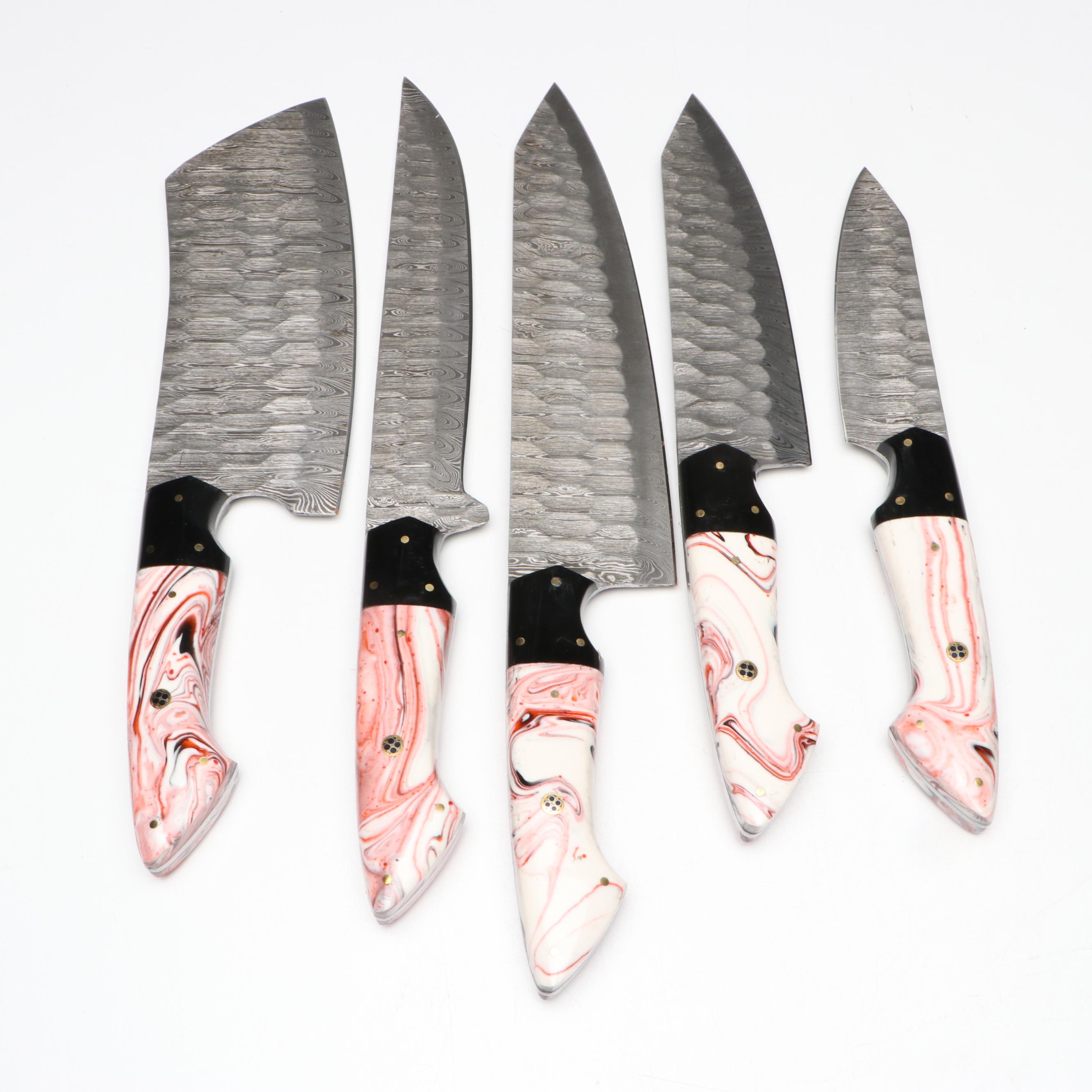 Damascus Steel and Marbled Handle Chef's Knife Set in Suede Leather Roll