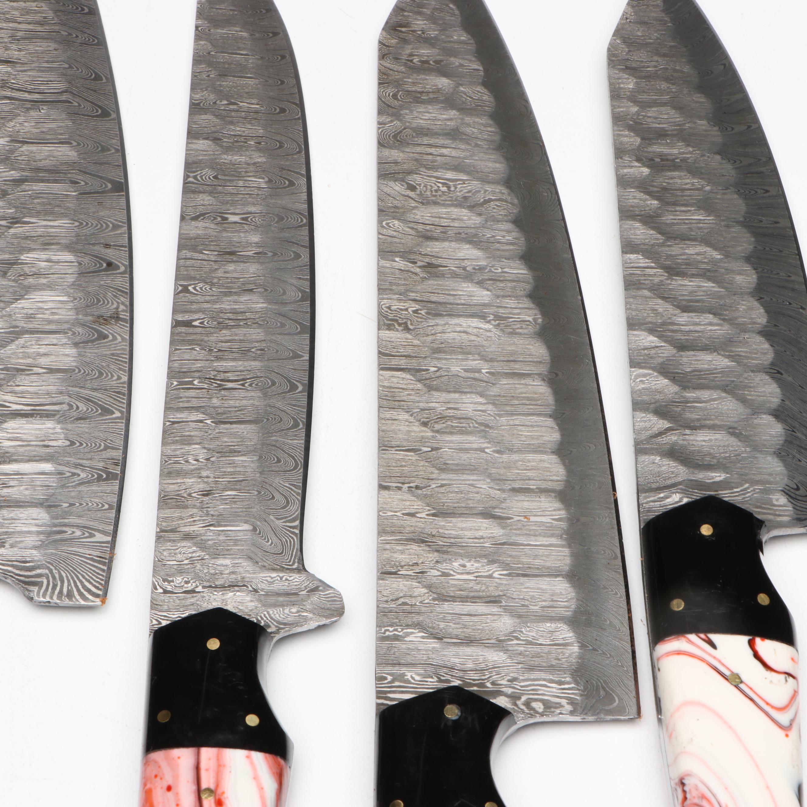 Damascus Steel and Marbled Handle Chef's Knife Set in Suede Leather Roll