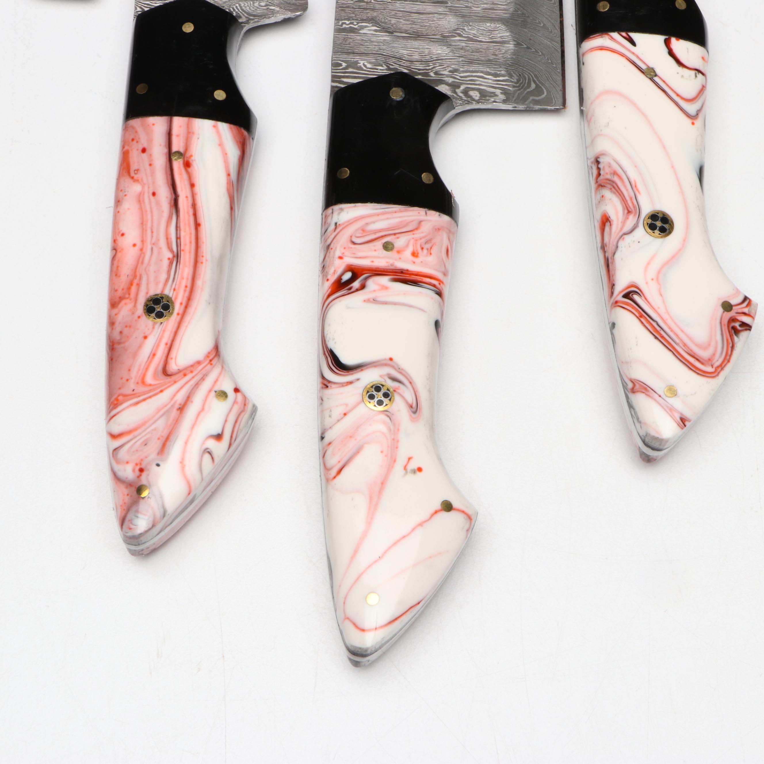 Damascus Steel and Marbled Handle Chef's Knife Set in Suede Leather Roll