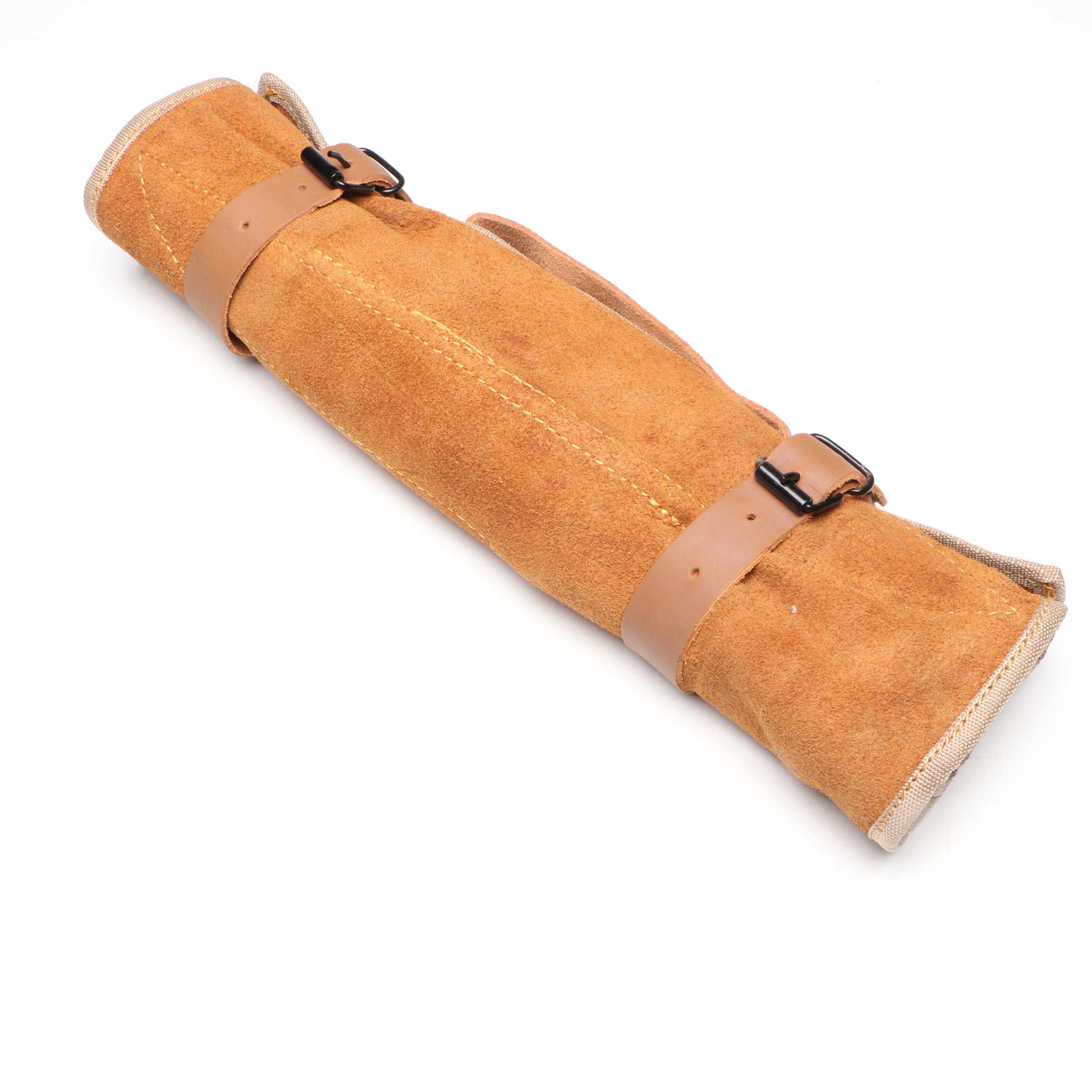 Damascus Steel and Marbled Handle Chef's Knife Set in Suede Leather Roll