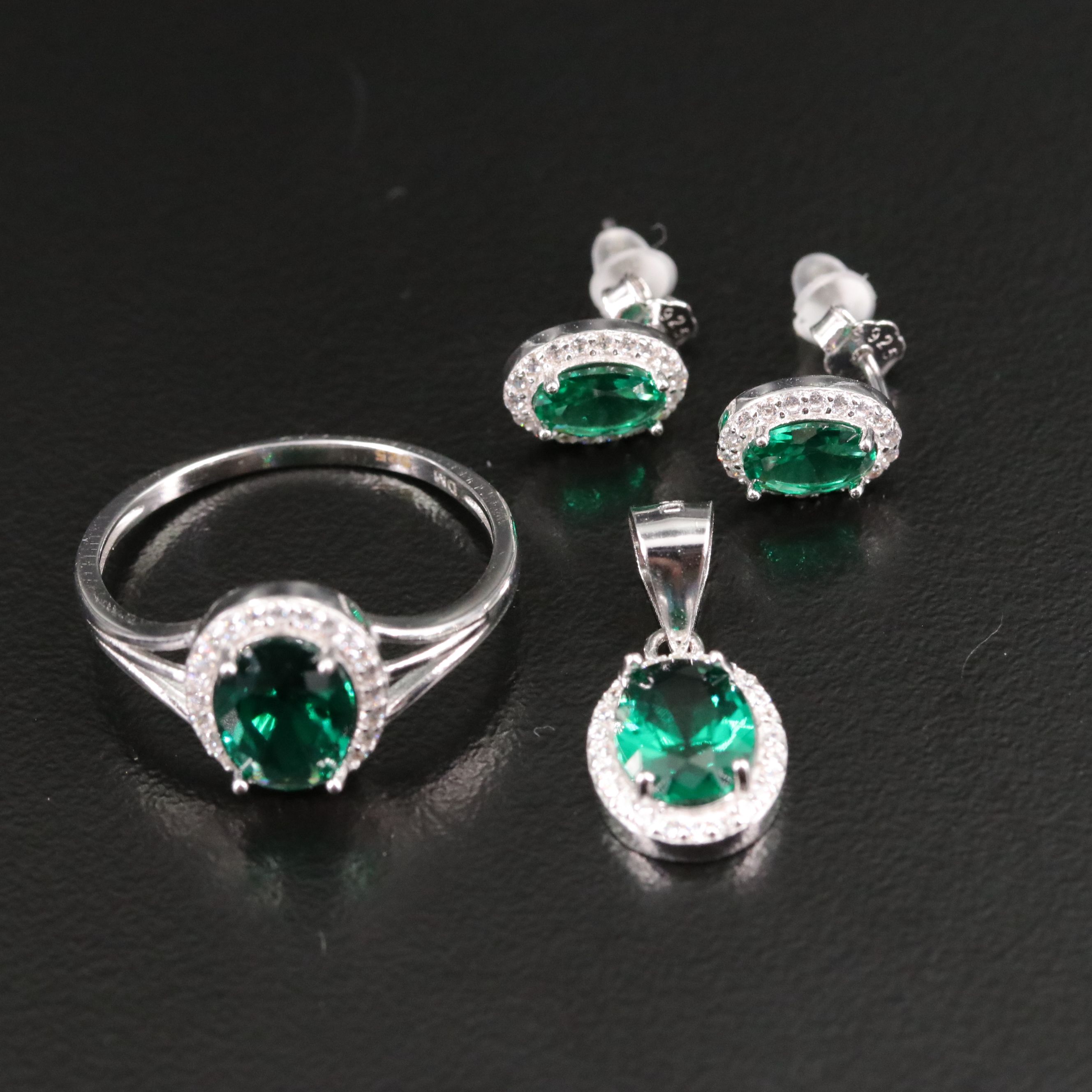 Sterling Faux Emerald and CZ Ring, Earrings and Pendant