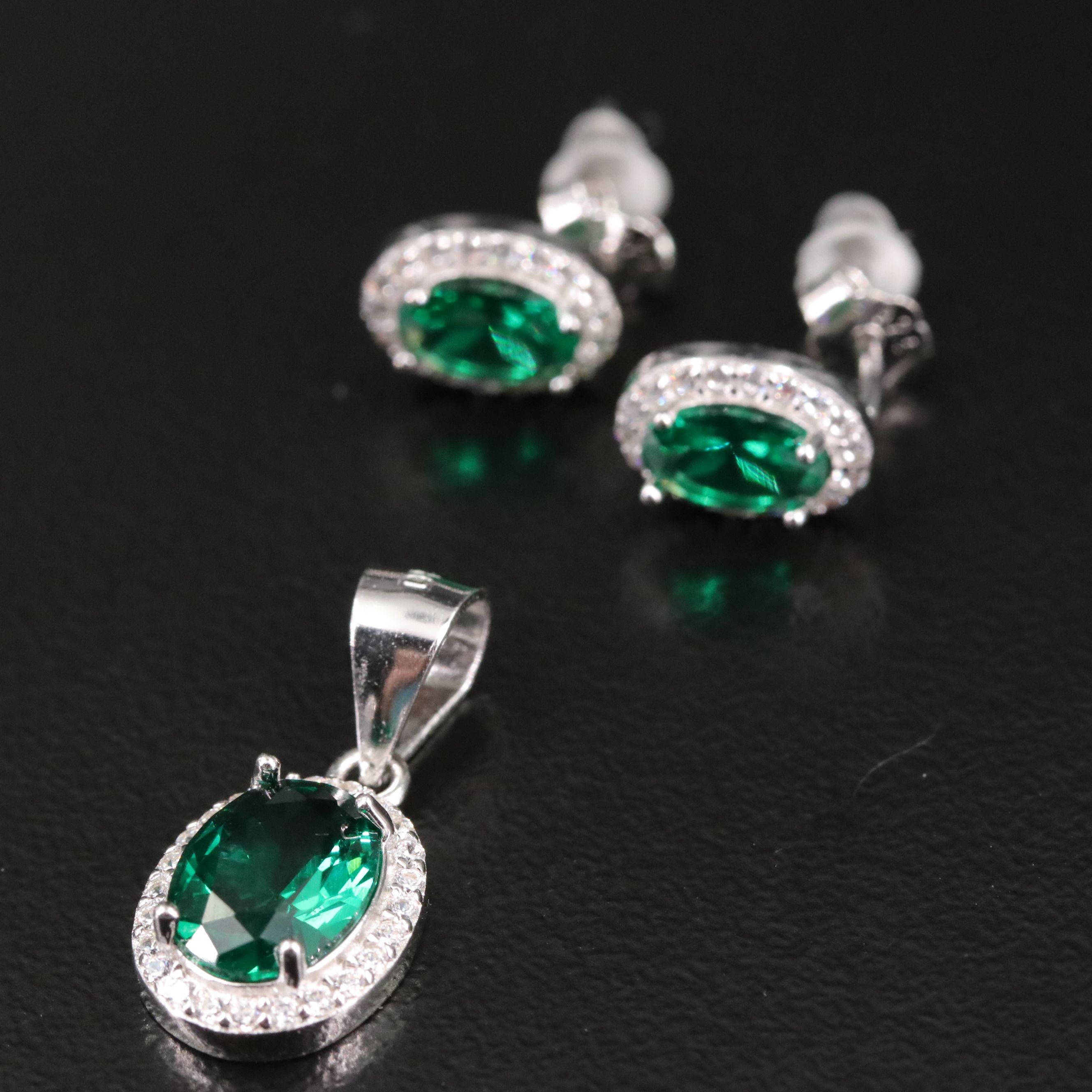 Sterling Faux Emerald and CZ Ring, Earrings and Pendant