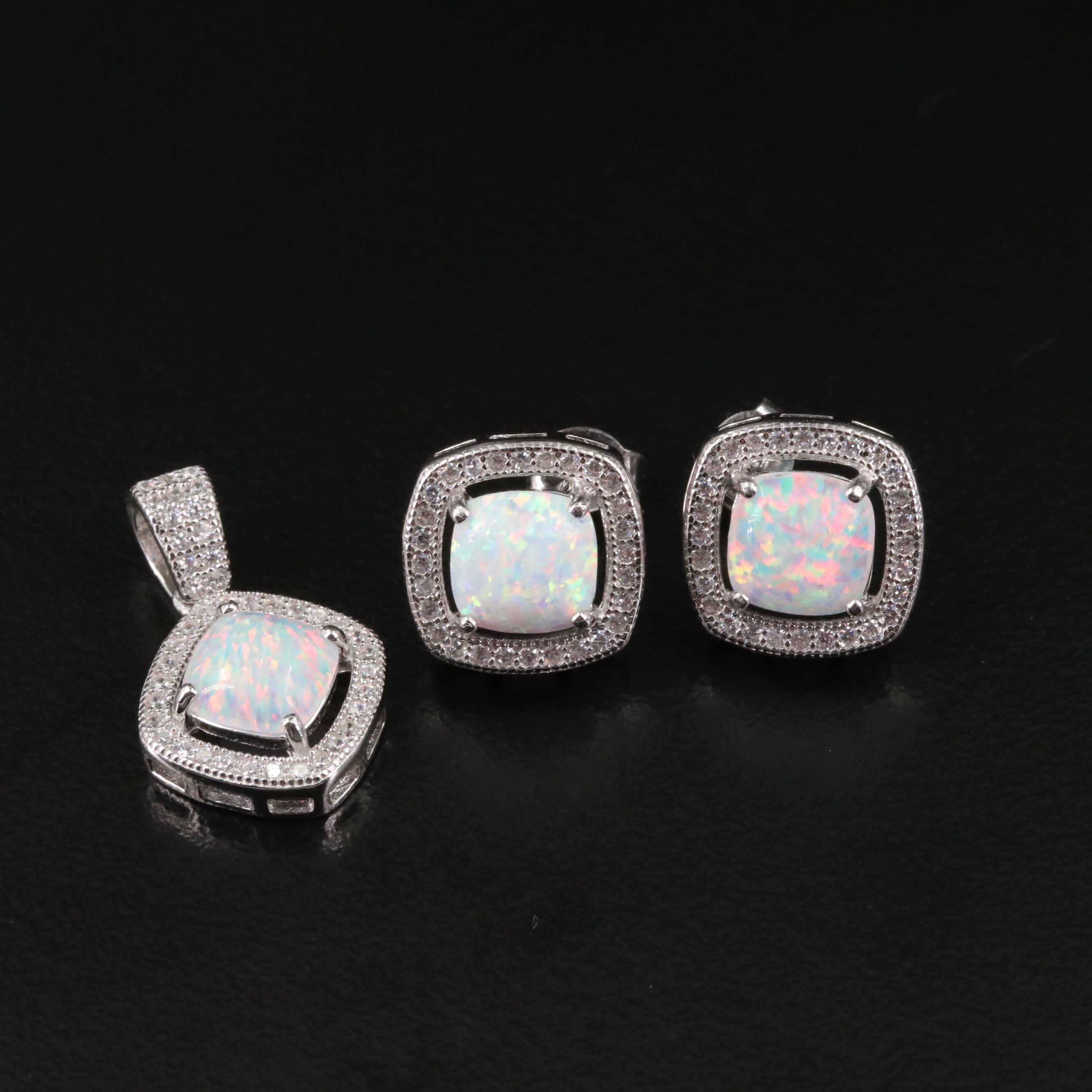 Sterling Opal and CZ Pendant and Earrings