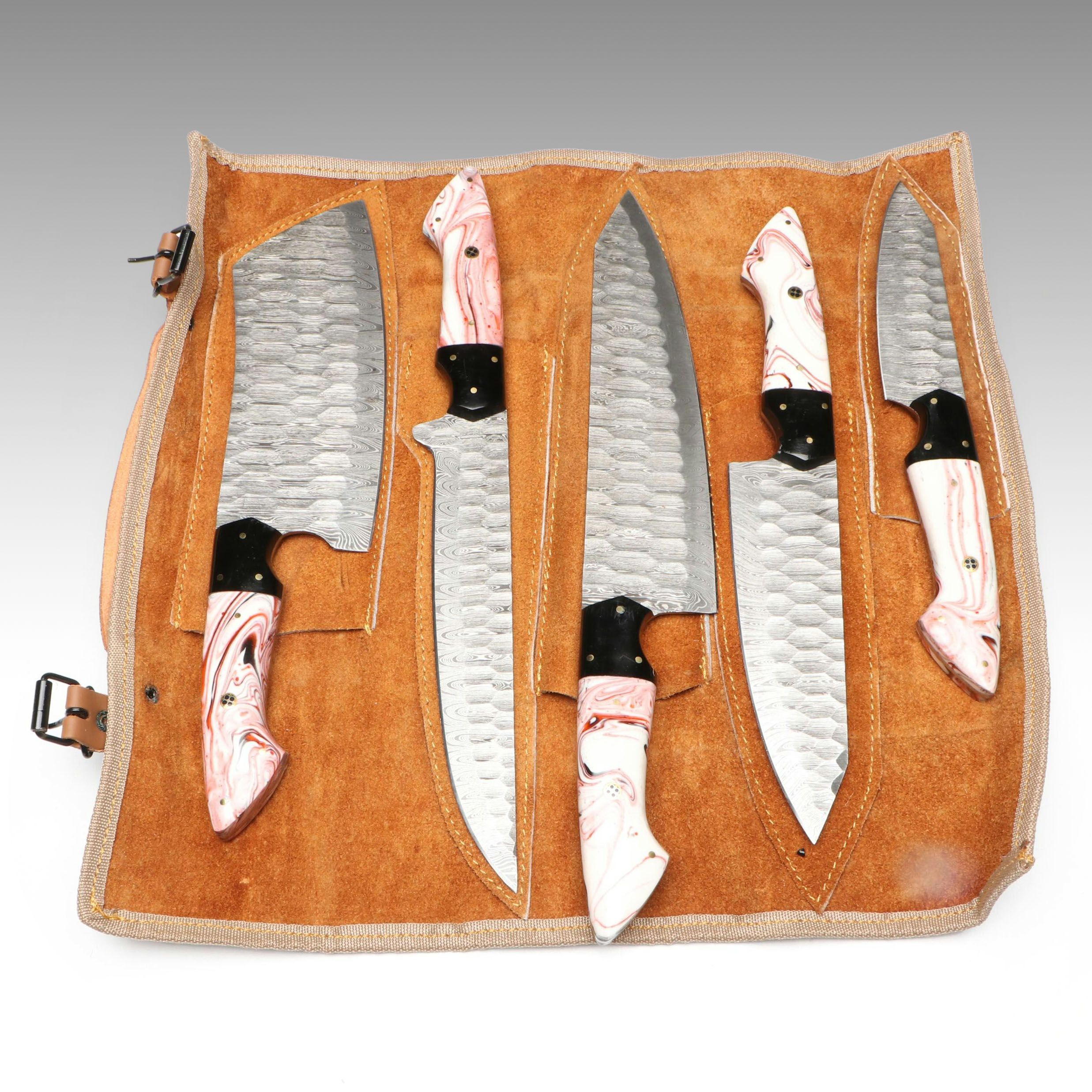 Damascus Steel and Marbled Handle Chef's Knife Set in Suede Leather Roll