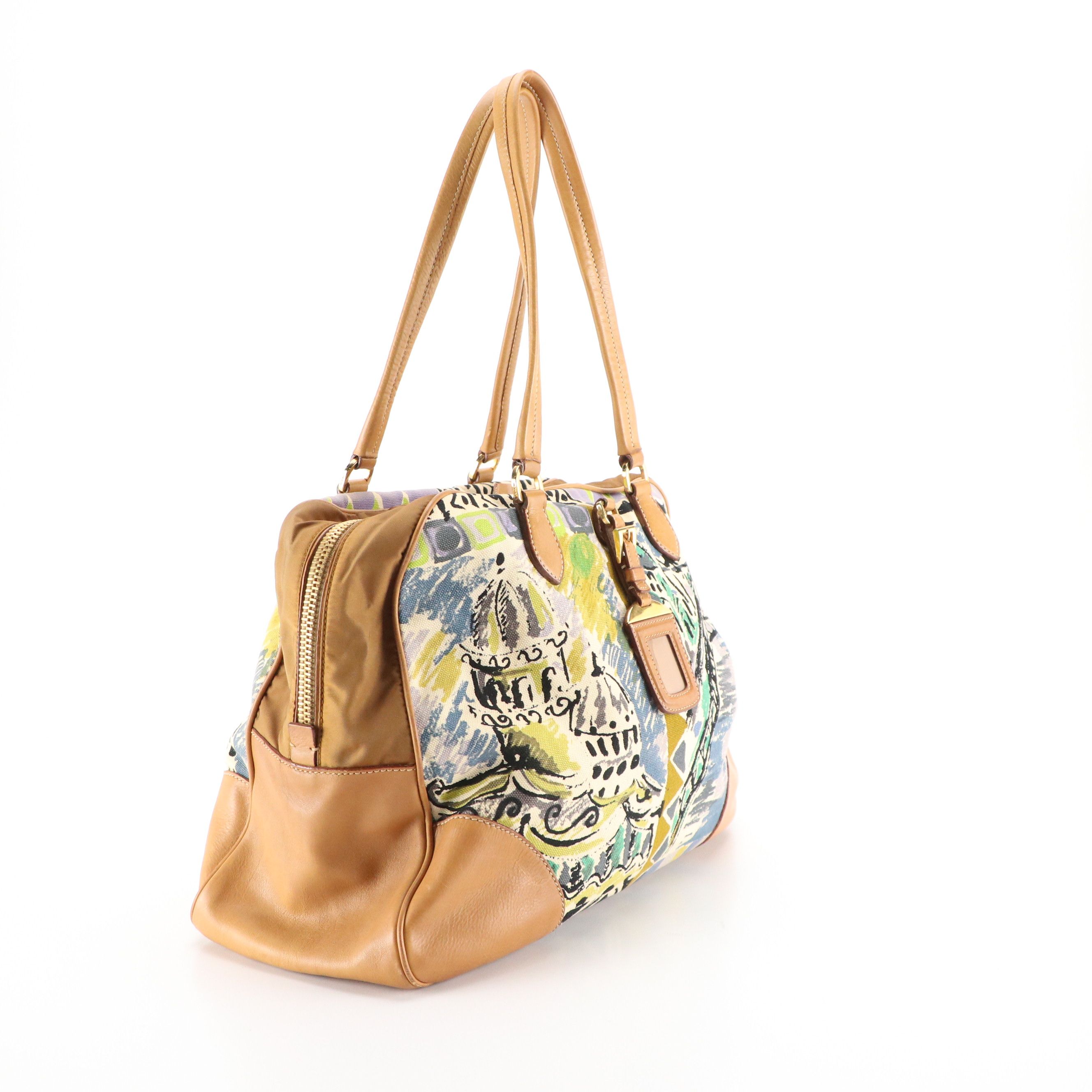 Prada Zippered Shoulder Satchel in St. Venez Canapa Canvas and Leather Trim