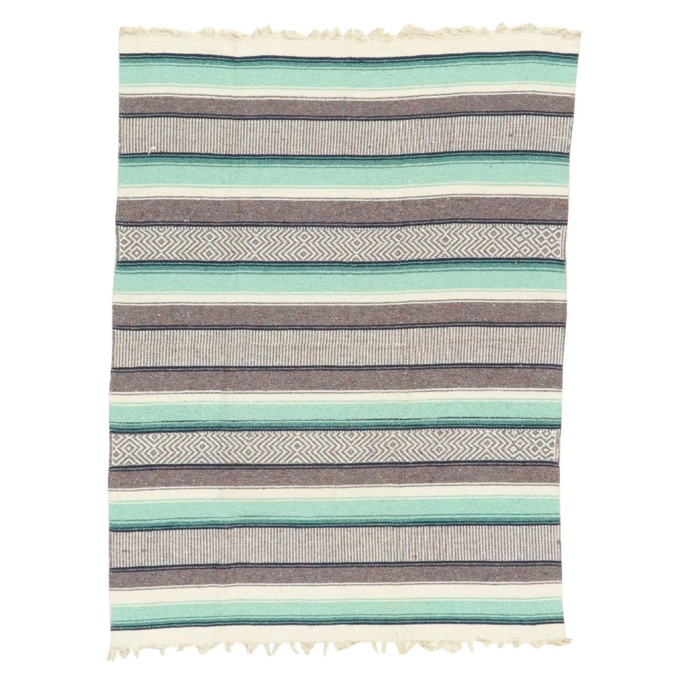 4'5 x 6' Handwoven Mexican Serape Seafoam and Gray Wool Blanket