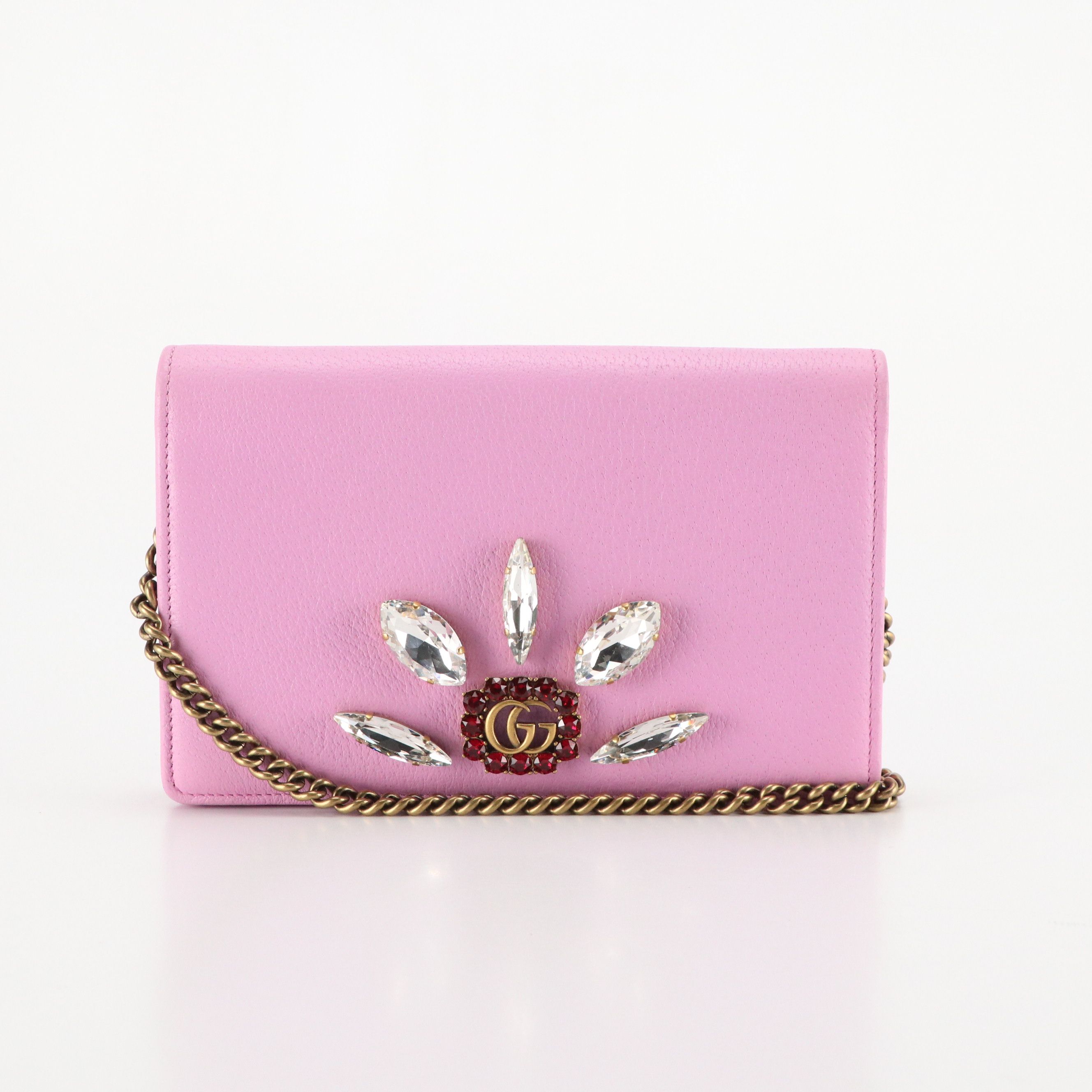 Gucci GG Marmont Marquise Crystal Wallet on Chain in Pink Leather