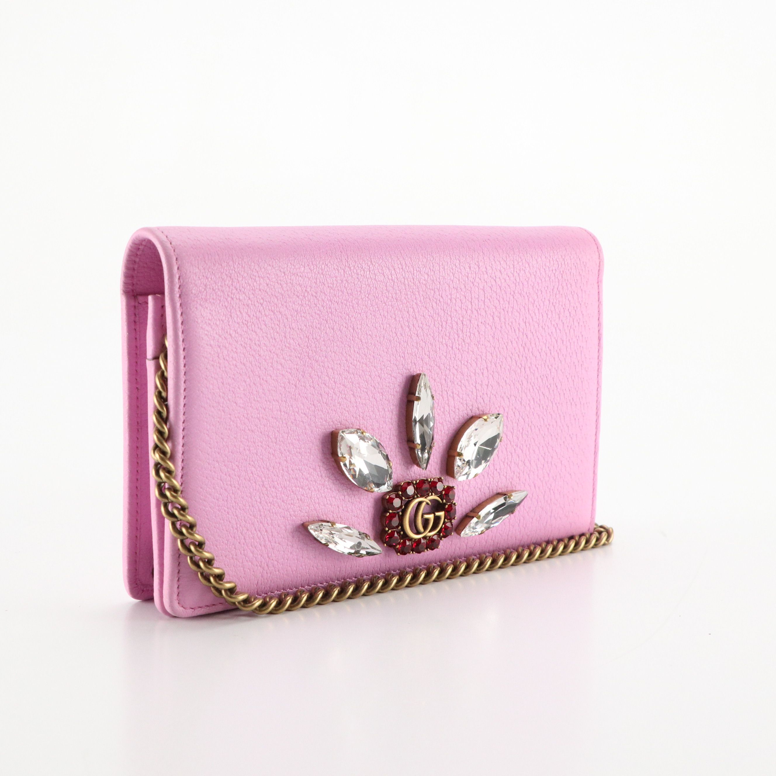 Gucci GG Marmont Marquise Crystal Wallet on Chain in Pink Leather