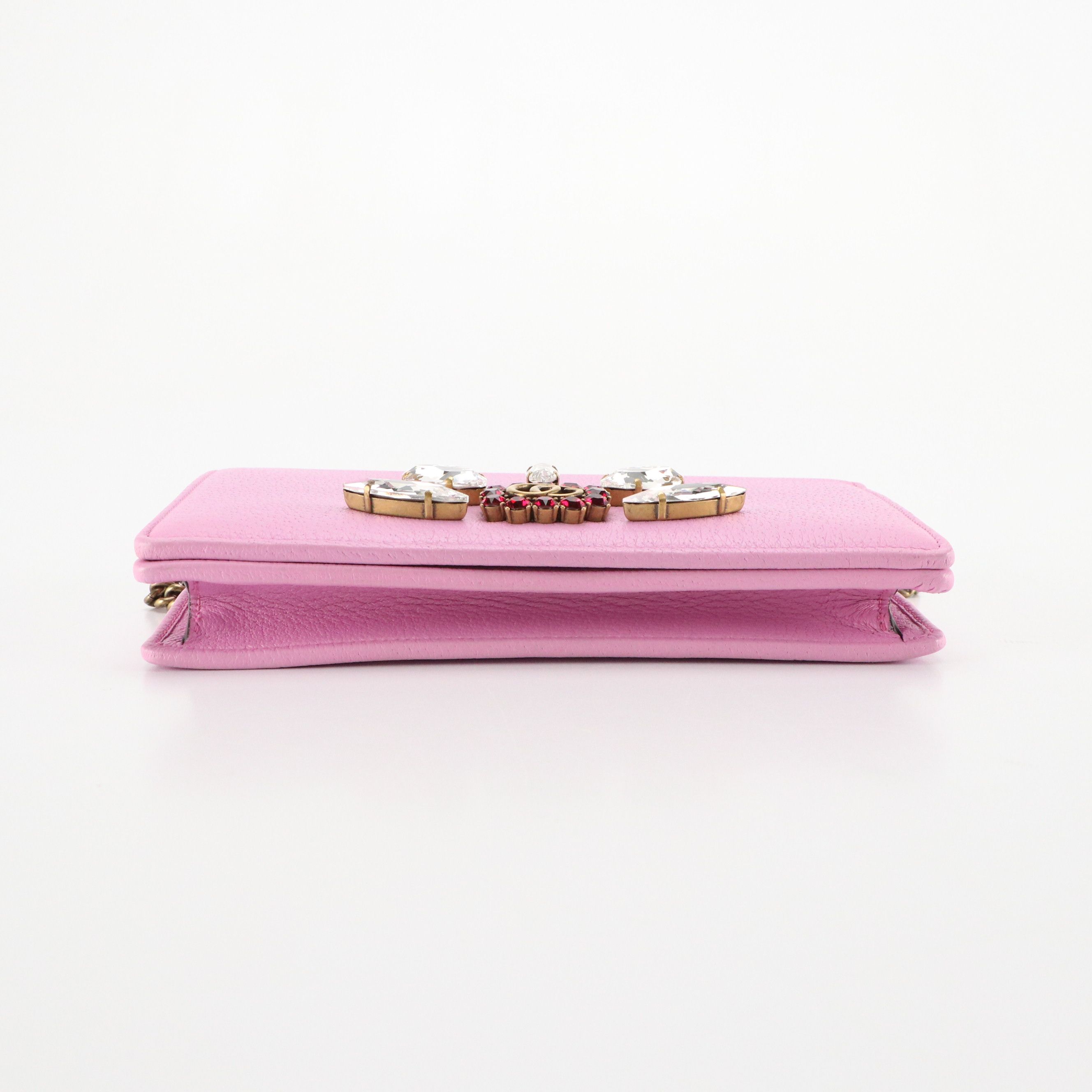 Gucci GG Marmont Marquise Crystal Wallet on Chain in Pink Leather