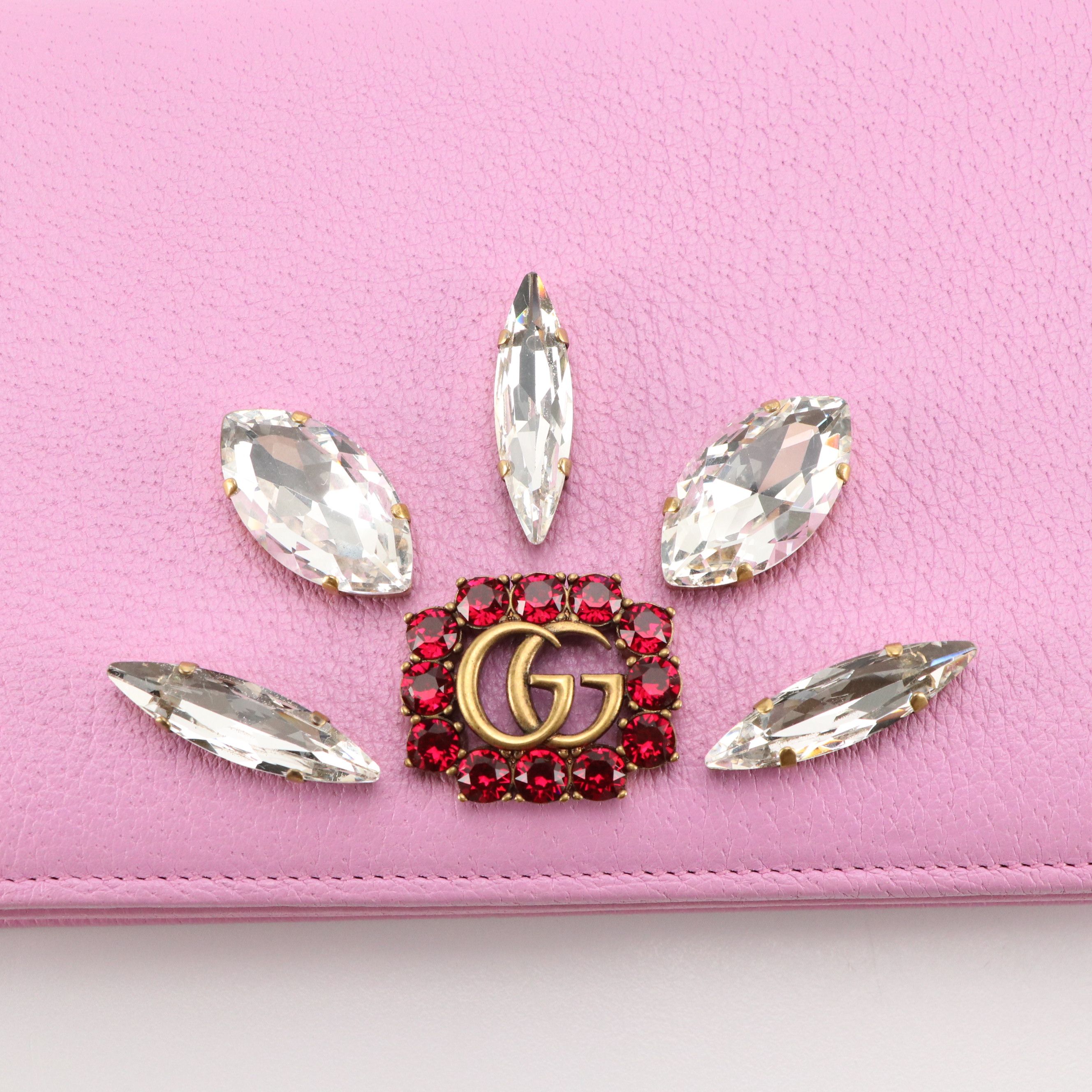 Gucci GG Marmont Marquise Crystal Wallet on Chain in Pink Leather