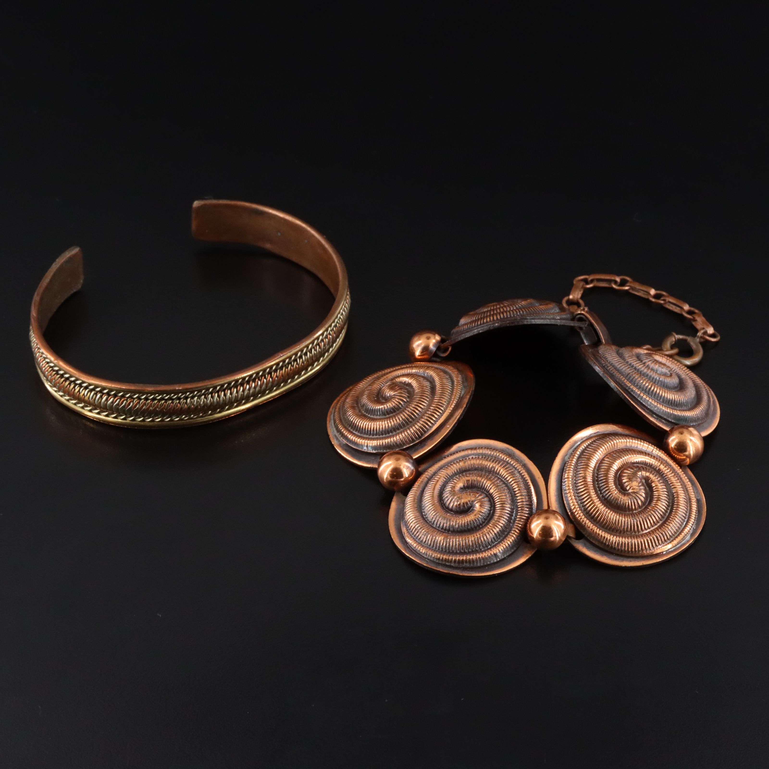 Modernist Copper and Brass Spiral and Wire Cuff Bracelets
